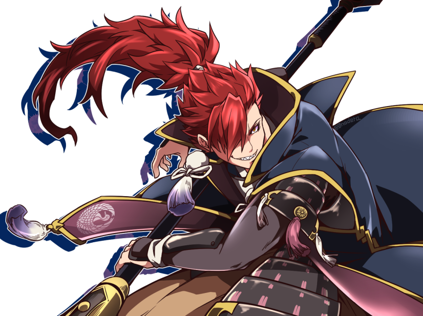 0nodera, mori nagayoshi (fate), fate/grand order, fate (series), commentary request, 1boy, armor, fighting stance, hair over one eye, holding, holding polearm, holding weapon, japanese armor, long hair, looking to the side, polearm, red hair, sharp teeth, shoulder armor, sode, tassel, teeth, upper body, weapon, white background