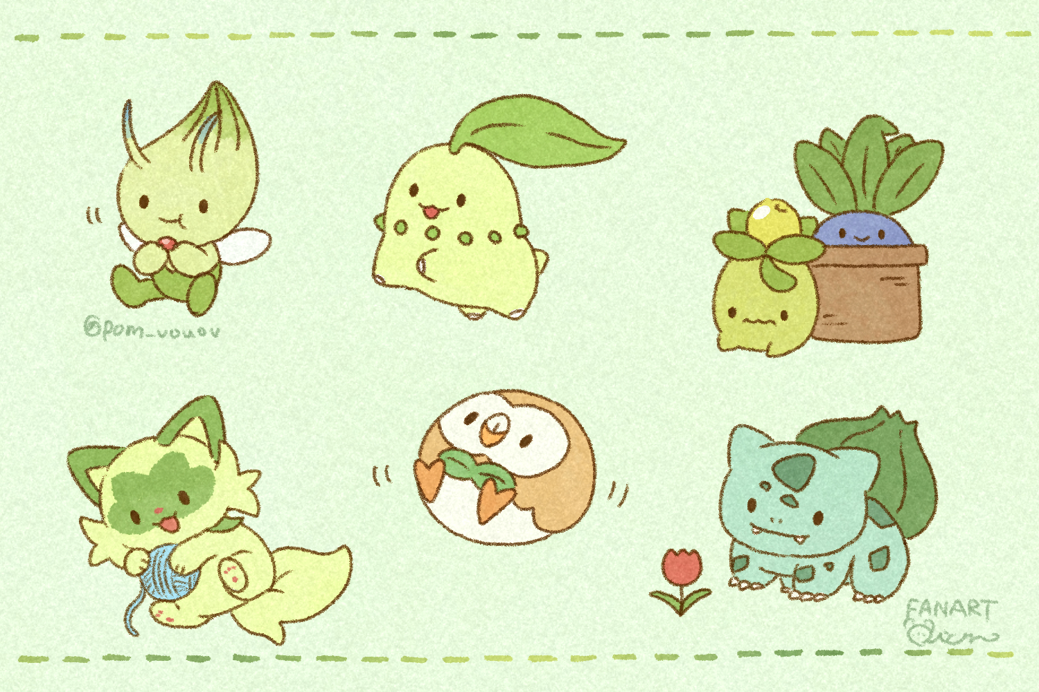 mian (user kwcj2833), bulbasaur, celebi, chikorita, oddish, rowlet, smoliv, sprigatito, nintendo, pokemon, commentary request, :3, berry, chibi, chibi only, dotted line, eating, flower, flower pot, full body, gen 1 pokemon, gen 2 pokemon, gen 7 pokemon, green theme, legendary pokemon, mythical pokemon, no humans, open mouth, pokemon (creature), pokemon focus, signature, smile, twitter username, wavy mouth, yarn, yarn ball