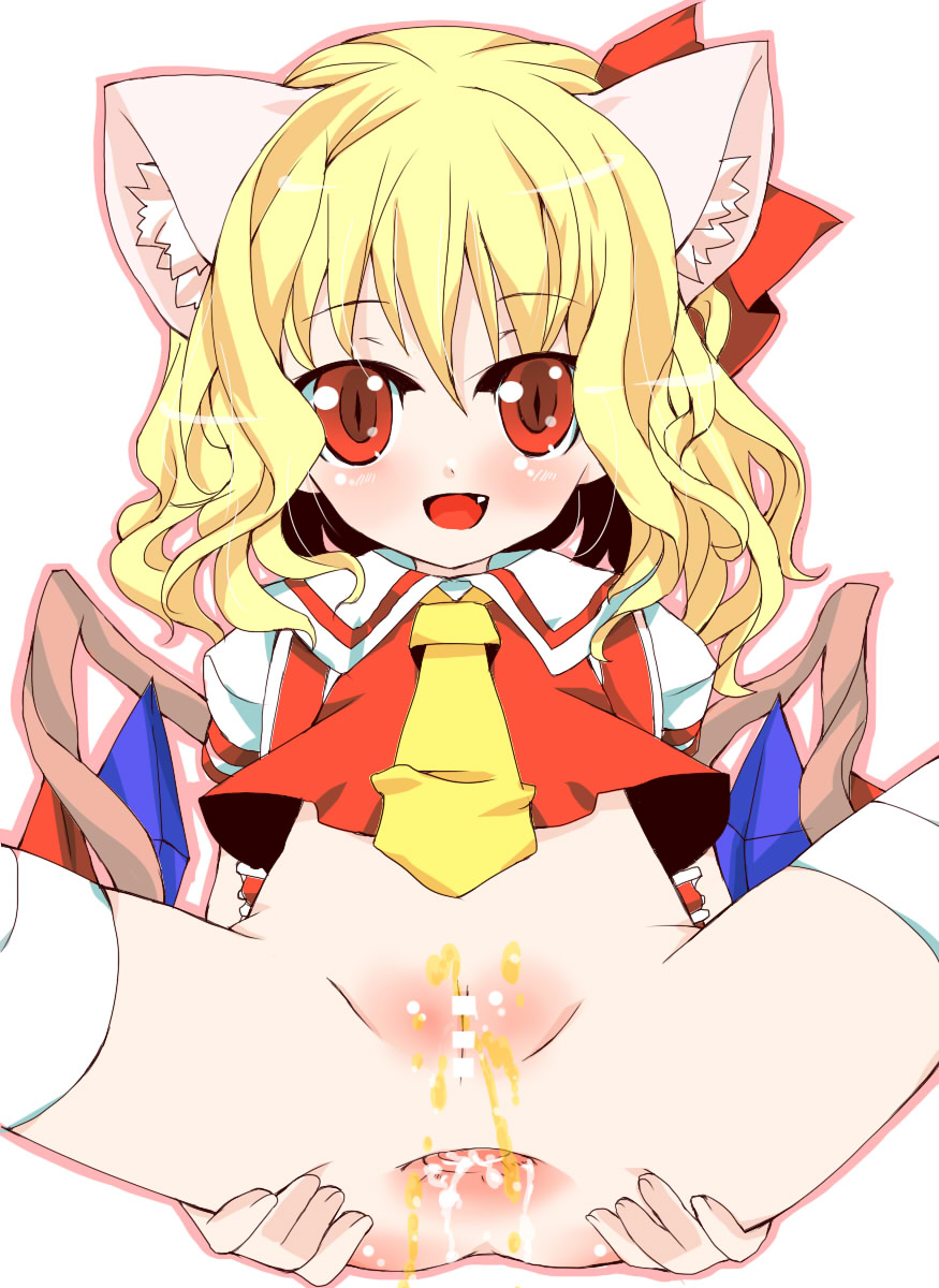 tm (gf-tm), flandre scarlet, embodiment of scarlet devil, touhou, bad id, bad pixiv id, highres, 1girl, animal ears, anus, blonde hair, bottomless, bow, cat ears, cat girl, censored, fang, female focus, gaping, grabbing own ass, hair bow, kemonomimi mode, lightly censored, loli, long hair, no panties, pee, peeing, pussy, red eyes, solo, spread anus, spread legs, thighhighs, white thighhighs, wings
