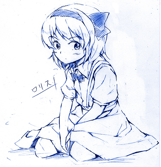 vent arbre, alice margatroid, alice margatroid (pc-98), mystic square, touhou, touhou (pc-98), 1girl, blue background, blue theme, female focus, monochrome, sketch, solo