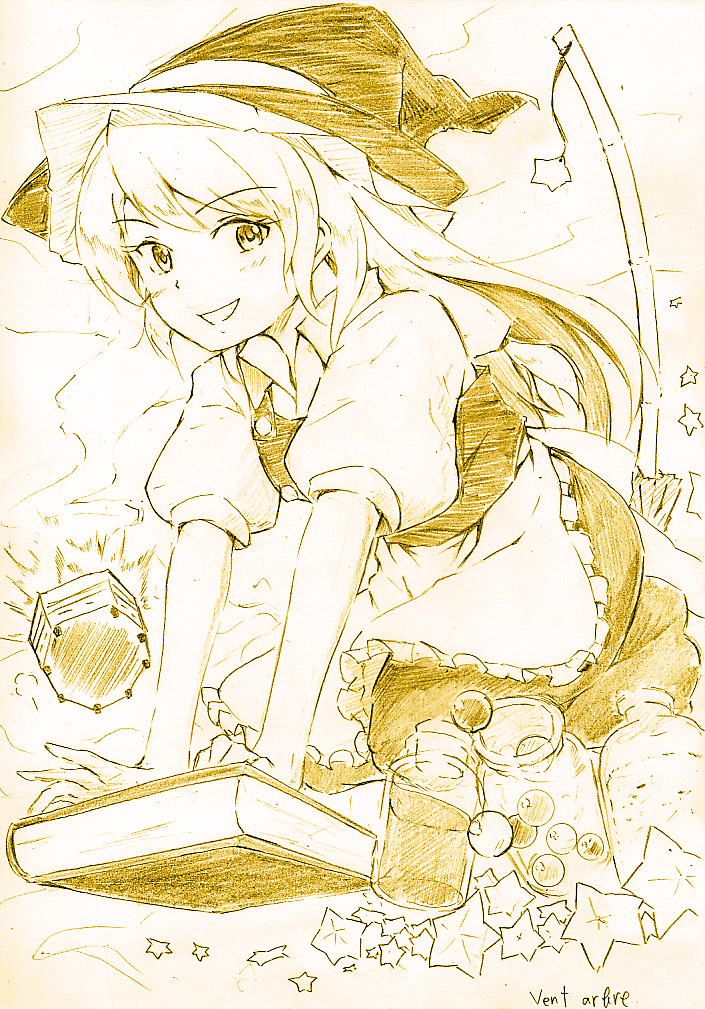 vent arbre, kirisame marisa, touhou, 1girl, all fours, apron, book, broom, brown background, brown theme, female focus, hat, jar, kneeling, long hair, mini-hakkero, monochrome, sketch, smile, solo, star (symbol), witch hat