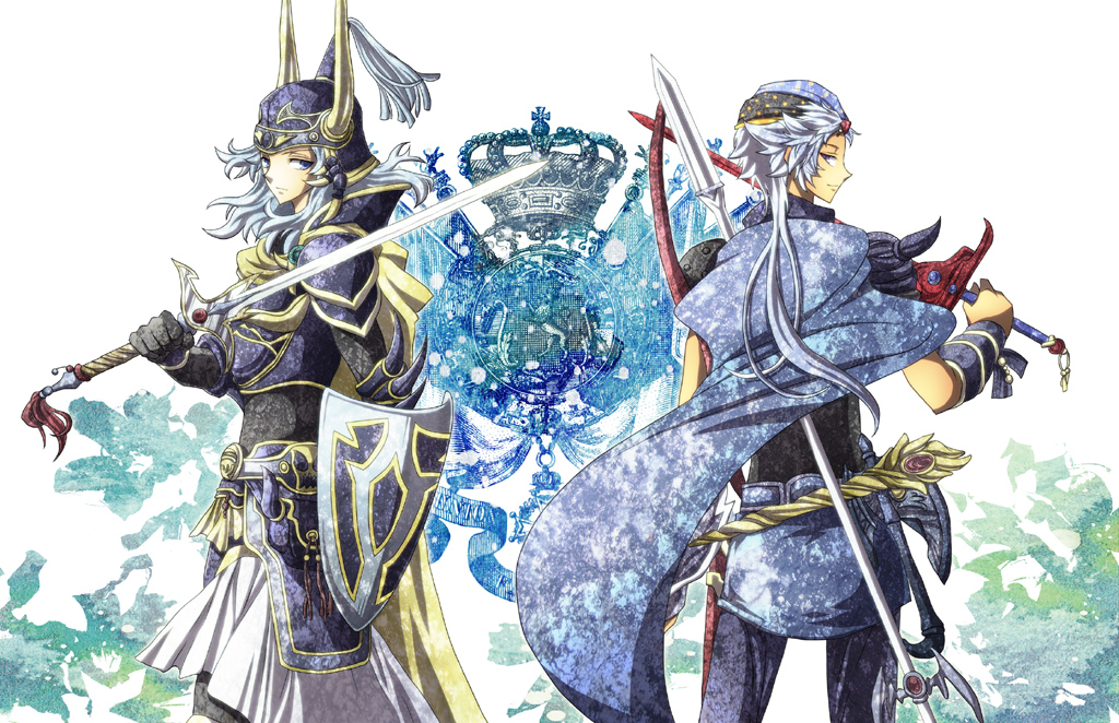 soritari, firion, warrior of light (ff1), dissidia final fantasy, final fantasy, final fantasy i, final fantasy ii, 1980s (style), bad id, bad pixiv id, 2boys, armor, axe, bandana, bow (weapon), cape, crown, horns, jiscald, looking back, mace, male focus, multiple boys, oldschool, polearm, ponytail, retro artstyle, shield, smile, spear, sword, weapon, white hair