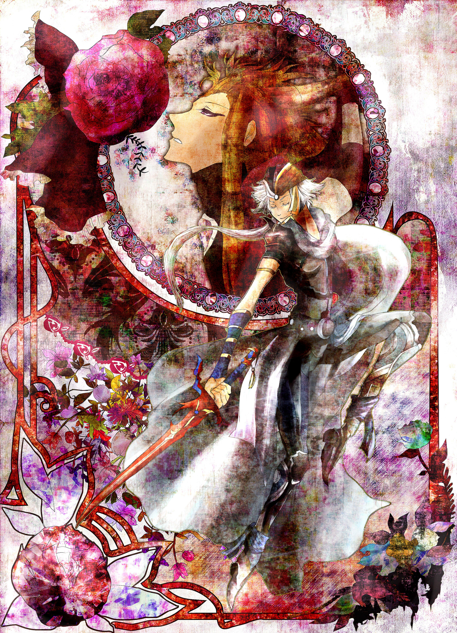 alyssa (irotoridori no hoshi), alyssa (final fantasy), emperor (ff2), firion, dissidia final fantasy, final fantasy, final fantasy ii, 1980s (style), artist request, bad id, bad pixiv id, highres, 2boys, bandana, blonde hair, closed eyes, flower, long hair, male focus, multiple boys, oldschool, ponytail, purple eyes, retro artstyle, rose, smile, sword, weapon, white hair