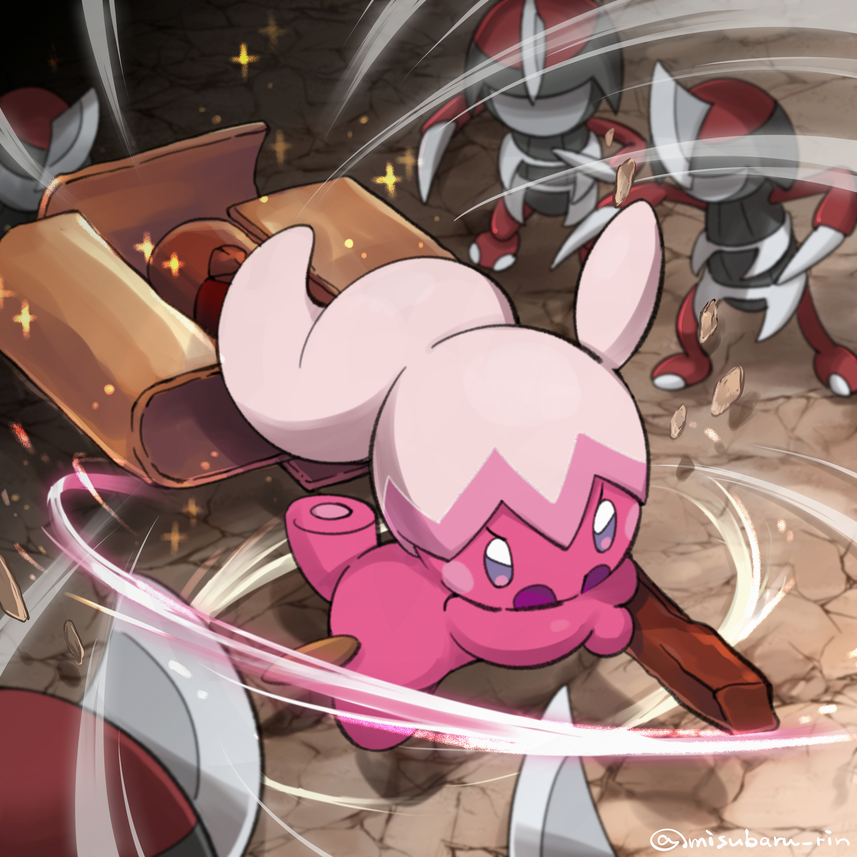 misubaru rin, pawniard, tinkatuff, nintendo, pokemon, absurdres, commentary, highres, alternate color, debris, gen 5 pokemon, hammer, holding, holding hammer, one-hour drawing challenge, pokemon (creature), pokemon focus, shiny pokemon, sparkle