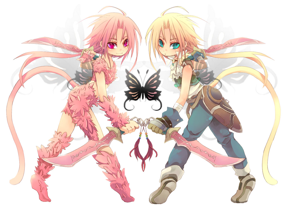 inumimi-syndrome, trance zidane tribal, zidane tribal, dissidia final fantasy, final fantasy, final fantasy ix, fur, 00s, 2boys, alternate form, blonde hair, blue eyes, bug, butterfly, dagger, dual persona, dual wielding, gloves, holding, insect, knife, long hair, male focus, multiple boys, pink eyes, pink hair, ponytail, tail, tiptoes, weapon