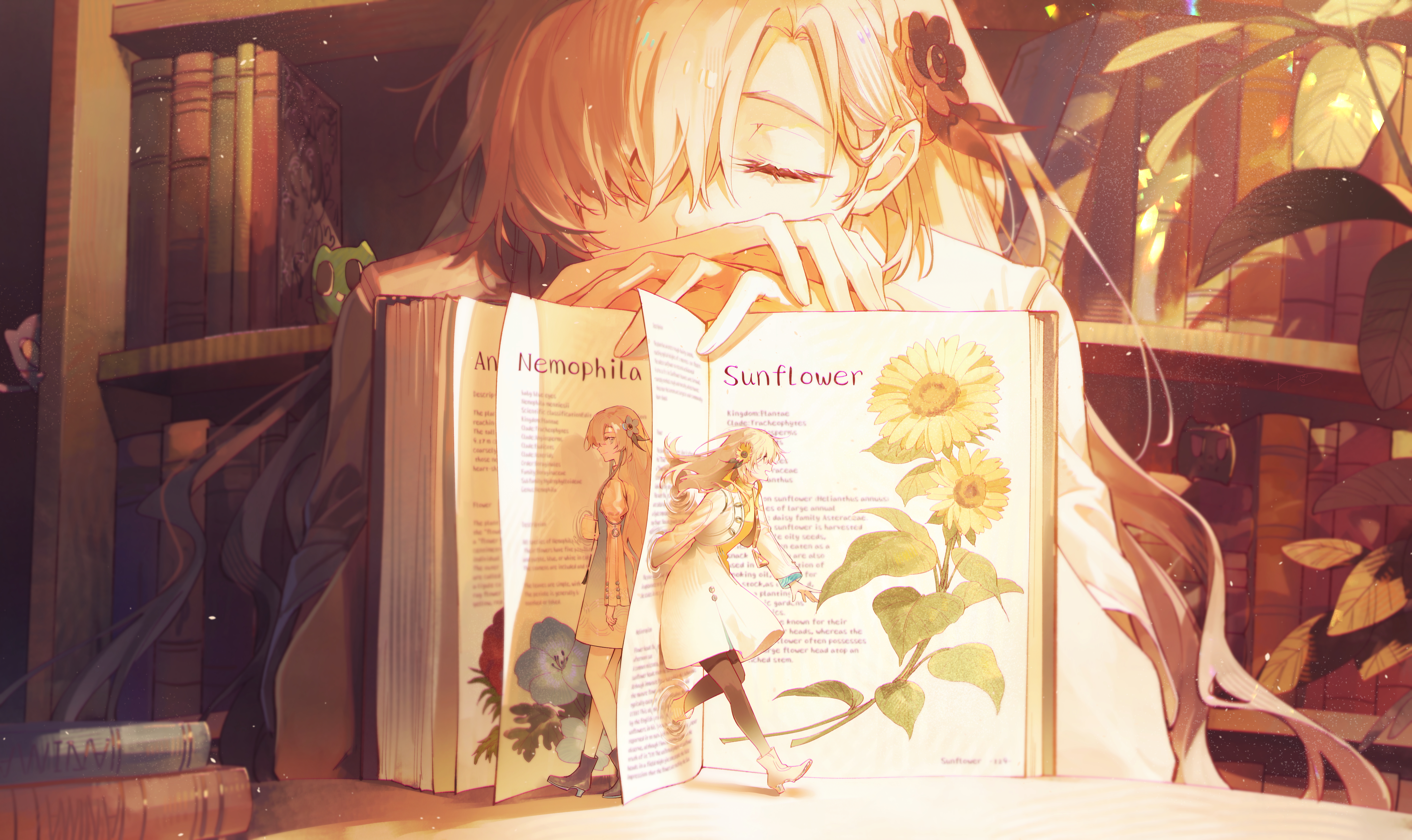 walluka, isekaijoucho, kamitsubaki studio, absurdres, commentary, highres, 3girls, anemone (flower), book, bookshelf, closed eyes, creature, curtained hair, dress, flower, gomidasu (kamitsubaki studio), grey hair, hair flower, hair ornament, hair over one eye, indoors, light particles, long hair, mini person, minigirl, multiple girls, multiple persona, nemophila (flower), one eye covered, open book, plant, plant name, sunflower, twilight, virtual youtuber