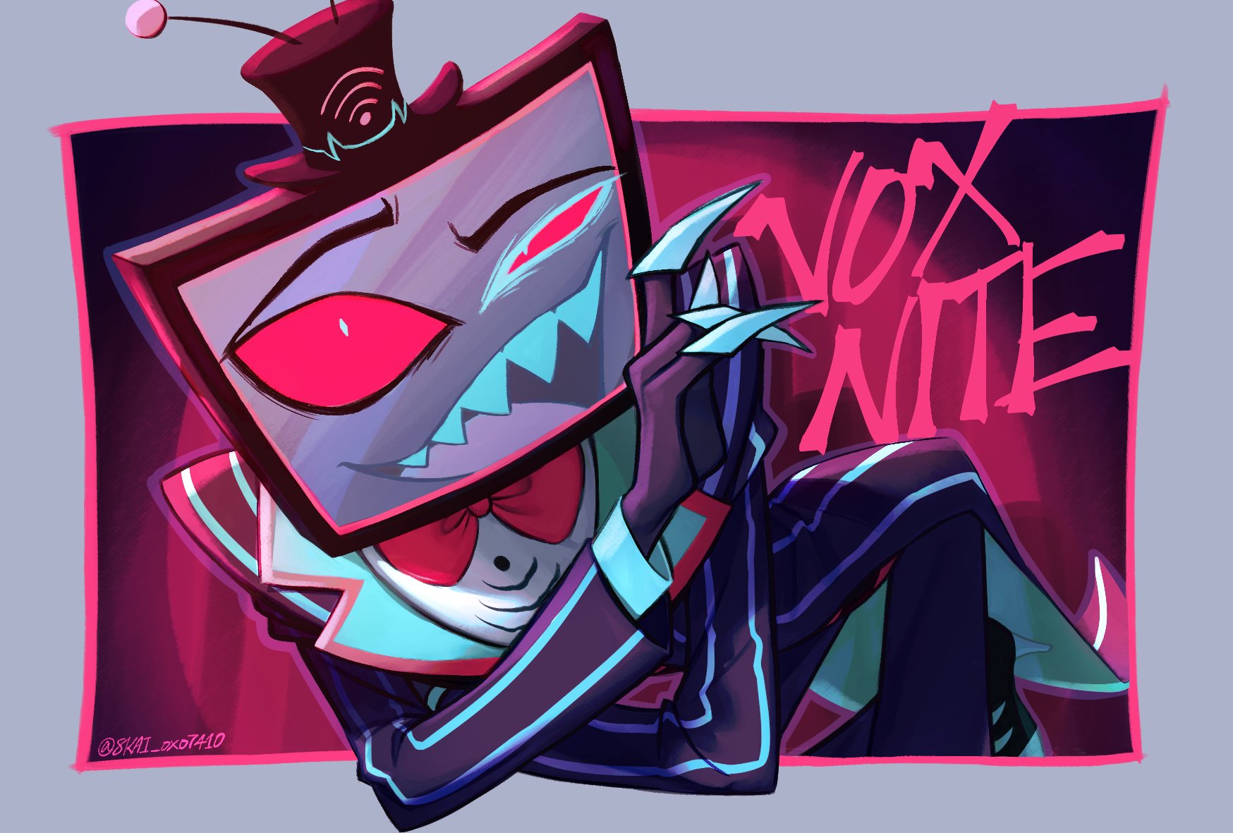 8kai oxo7410, vox (hazbin hotel), hazbin hotel, hellaverse, commentary, english commentary, hashtag-only commentary, highres, 1boy, bent over, black hat, blue nails, blue pants, blue suit, blue teeth, bow, bowtie, colored teeth, english text, fingernails, flat screen tv, formal clothes, grey background, hand up, hat, high heels, looking at viewer, no humans, object head, pants, raised eyebrow, red bow, red bowtie, red eyes, sharp fingernails, sharp teeth, suit, teeth, television, top hat, twitter username, upper teeth only, wi-fi symbol