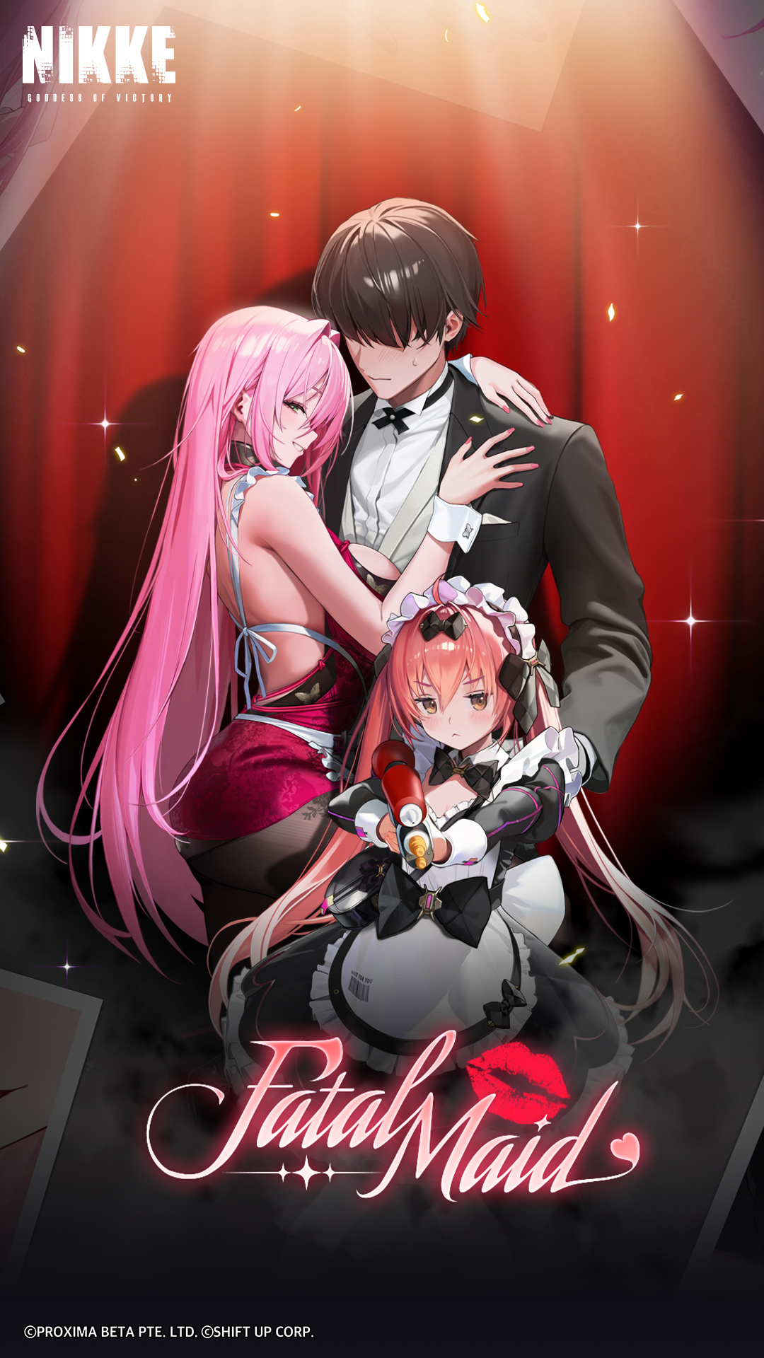 cocoa (nikke), commander (nikke), velvet (nikke), goddess of victory: nikke, commentary, english commentary, highres, official art, 2girls, apron, black dress, black leotard, black pantyhose, black shirt, breasts, brown eyes, brown hair, closed mouth, curtains, dress, flat chest, formal clothes, frown, green eyes, gun, holding, holding gun, holding weapon, large breasts, leotard, long hair, long sleeves, looking at viewer, maid, maid apron, maid headdress, multiple girls, pantyhose, pink dress, pink hair, shirt, short hair, standing, suit, sweatdrop, twintails, very long hair, weapon, white shirt, white wrist cuffs, wrist cuffs