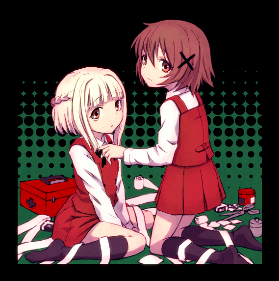 saiko dagashi, nazuna (hidamari sketch), yuno (hidamari sketch), hidamari sketch, 2girls, bandages, black socks, blonde hair, border, brown eyes, brown hair, first aid, first aid kit, half updo, kneehighs, kneeling, multiple girls, school uniform, scissors, sitting, skirt, socks, wariza, wavy mouth, yamabuki high school uniform