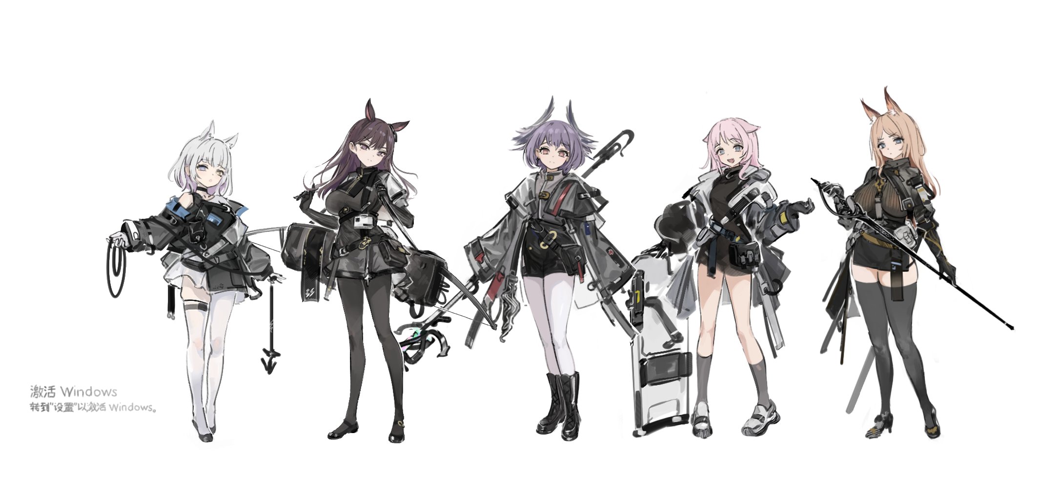 020ouroboros, chihaya anon, kaname raana, nagasaki soyo, shiina taki, takamatsu tomori, arknights, bang dream!, bang dream! it's mygo!!!!!, highres, translation request, 5girls, animal ear fluff, animal ears, asymmetrical legwear, black boots, black choker, black gloves, black pantyhose, black shirt, black shorts, black thighhighs, blue eyes, boots, breasts, brown eyes, brown hair, cat ears, cat girl, chinese text, choker, closed mouth, dog ears, dog girl, fox ears, fox girl, full body, gloves, grey gloves, grey hair, grey jacket, grey shorts, grey socks, head wings, heterochromia, holding, holding sword, holding weapon, holding whip, horse ears, horse girl, jacket, kemonomimi mode, large breasts, mole, mole under eye, multiple girls, mygo!!!!! (bang dream!), open clothes, open jacket, pantyhose, pantyhose under shorts, purple eyes, raana the cat, shield, shirt, short hair, shorts, sidelocks, simple background, single leg pantyhose, single thighhigh, skindentation, socks, sword, thighhighs, weapon, whip, white background, white hair, white pantyhose, white thighhighs, wings, yellow eyes, zettai ryouiki