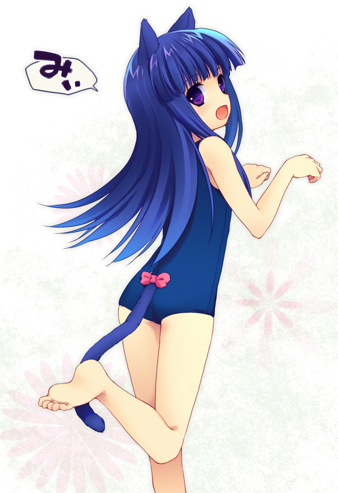 fuyuichi, frederica bernkastel, furude rika, higurashi no naku koro ni, umineko no naku koro ni, 1girl, animal ears, barefoot, blue hair, bow, cat ears, cat tail, feet, female focus, hime cut, long hair, looking back, one-piece swimsuit, paw pose, pink bow, purple eyes, ribbon, school swimsuit, solo, standing, swimsuit, tail