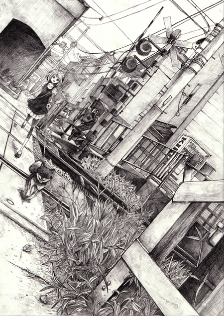 chorogist, rokuta, original, artist request, bad id, bad pixiv id, character request, 1girl, absurdly detailed composition, complex exterior, dog, dutch angle, female focus, greyscale, leash, monochrome, pet walking, railroad crossing, railroad tracks, scenery, solo