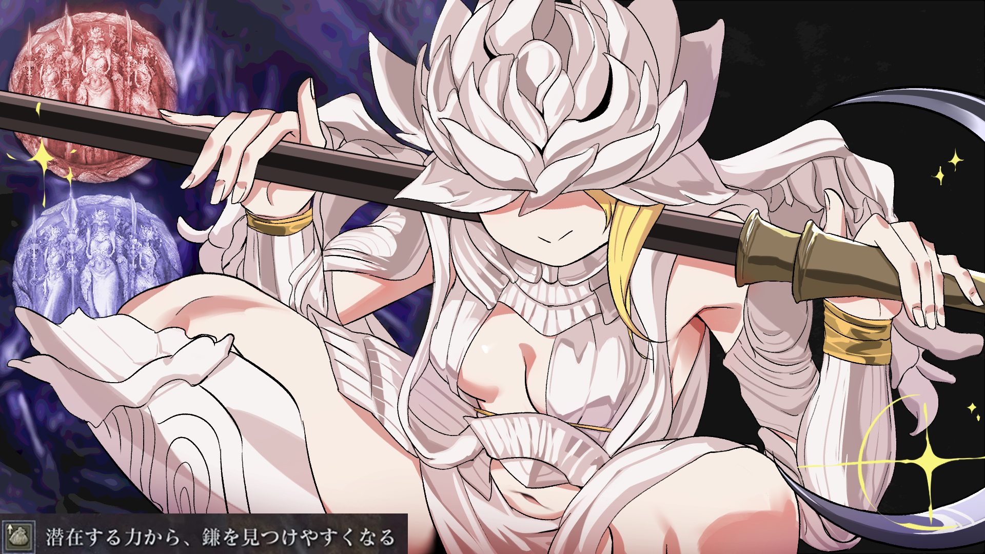 maou (maoudaisukiya), weapon bequeathed harmonia (elden ring), elden ring, elden ring nightreign, commentary request, highres, 1girl, armor, blonde hair, breasts, clothing cutout, covered eyes, gameplay mechanics, halter shirt, halterneck, helmet, helmet over eyes, hip armor, holding, holding polearm, holding scythe, holding weapon, navel cutout, ornate armor, plunging neckline, polearm, sarong, screenshot inset, scythe, small breasts, solo, squatting, thighs, weapon, white sarong