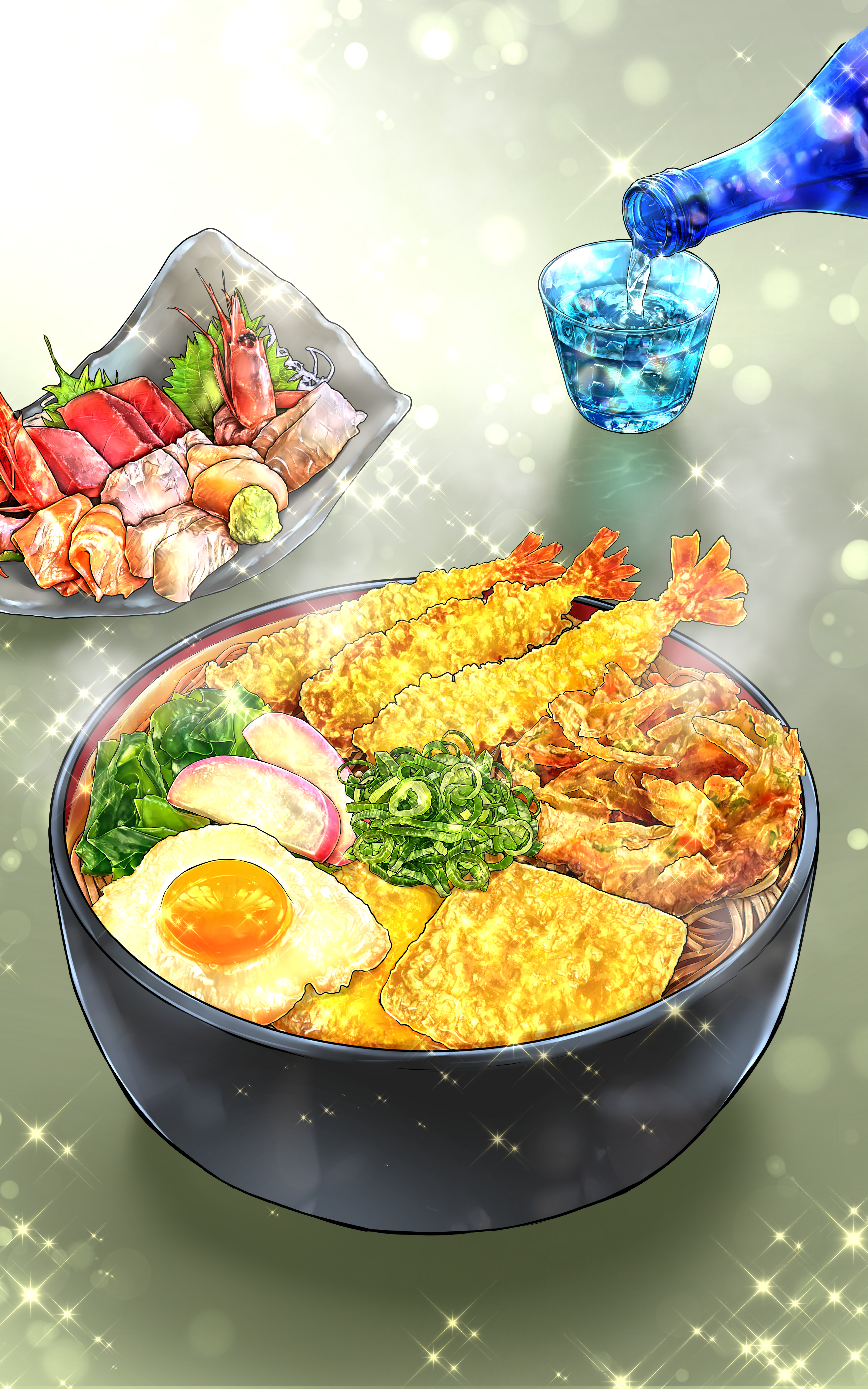 original, absurdres, commentary request, highres, bowl, cup, drink, egg (food), fish (food), food, food focus, fried egg, kurumiri ryo, no humans, noodles, pouring, seafood, shrimp, shrimp tempura, tempura, wasabi