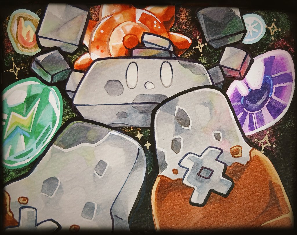 8440, stonjourner, nintendo, pokemon, commentary request, evolution stone, faux traditional media, gen 8 pokemon, looking at viewer, no humans, pokemon (creature), solo