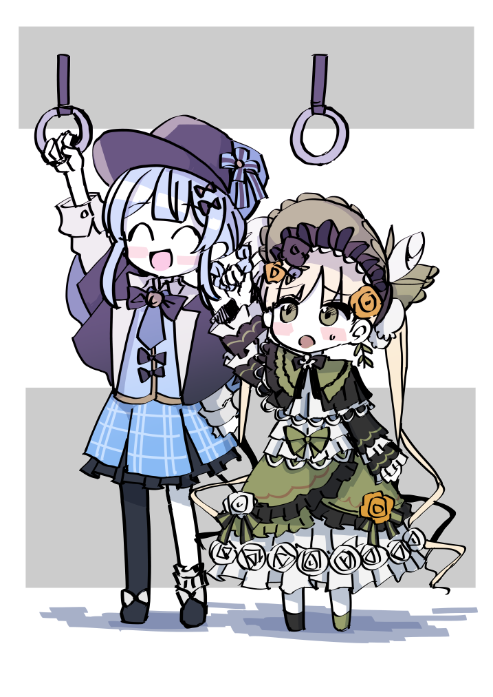zassou maruko, tachibana sherry, tono hanna, mahou shoujo no majo saiban, commentary request, 2girls, :d, :o, asymmetrical footwear, asymmetrical legwear, black capelet, black flower, black hat, black pantyhose, black rose, black shoes, blonde hair, blue hair, blue skirt, bonnet, braid, braided hair rings, capelet, deerstalker, dress, flower, flower-trimmed dress, frilled dress, frilled skirt, frills, gothic lolita, green bonnet, green dress, green shoes, hair rings, hand grip, hat, height difference, holding another's hair, holding hand grip, lolita fashion, multiple girls, open mouth, pantyhose, plaid clothes, plaid skirt, rose, shoes, single leg pantyhose, skirt, smile, train interior, twintails, yellow flower, yellow rose