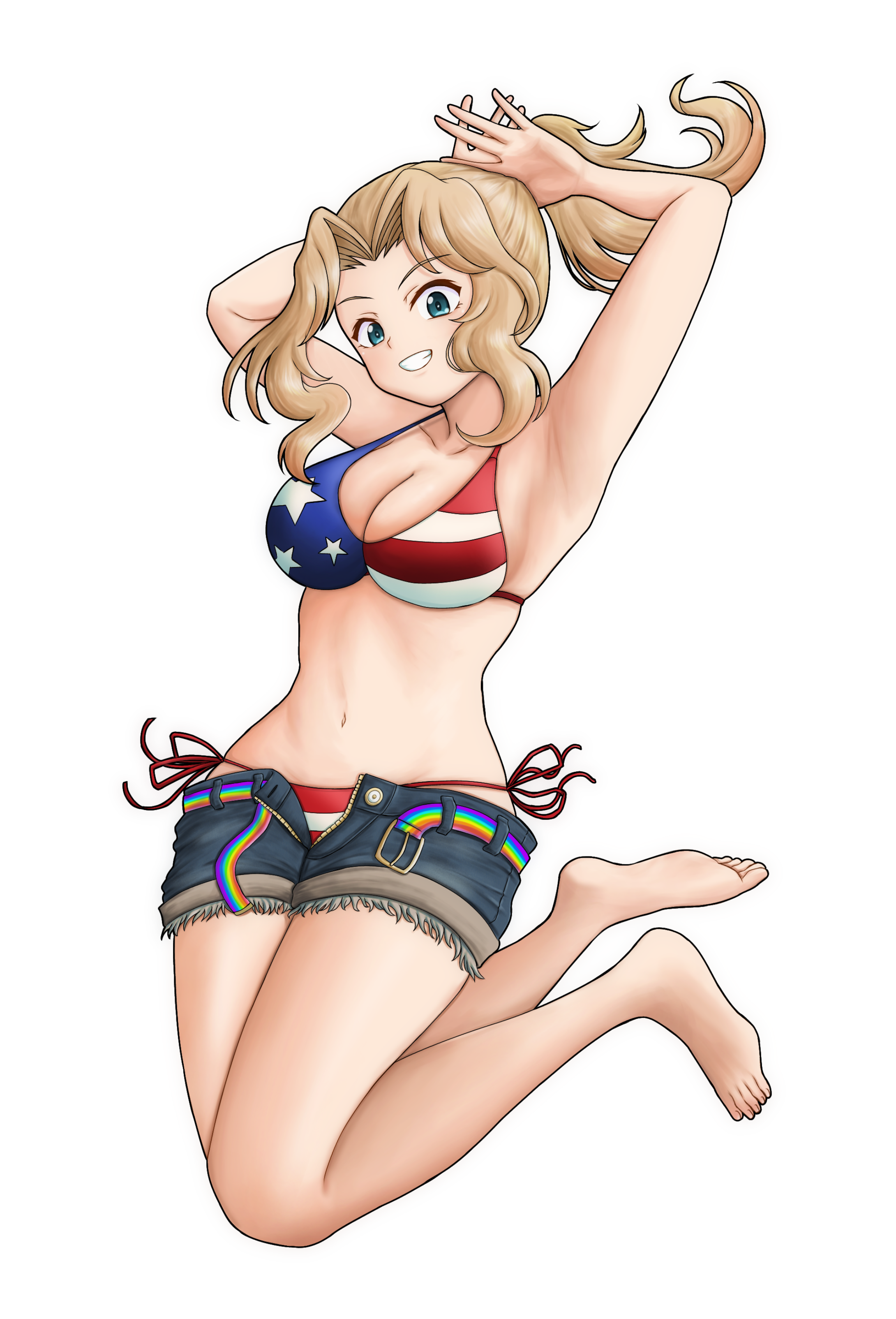 amanone yun, kay (girls und panzer), girls und panzer, absurdres, commentary request, highres, 1girl, american flag, american flag bikini, american flag print, armpits, belt, bikini, blonde hair, blue eyes, blue shorts, blush, breasts, cleavage, collarbone, flag print, flag print bikini, full body, grin, large breasts, long hair, looking at viewer, navel, open clothes, open shorts, ponytail, print bikini, rainbow belt, shorts, side-tie bikini bottom, simple background, smile, solo, swimsuit, white background