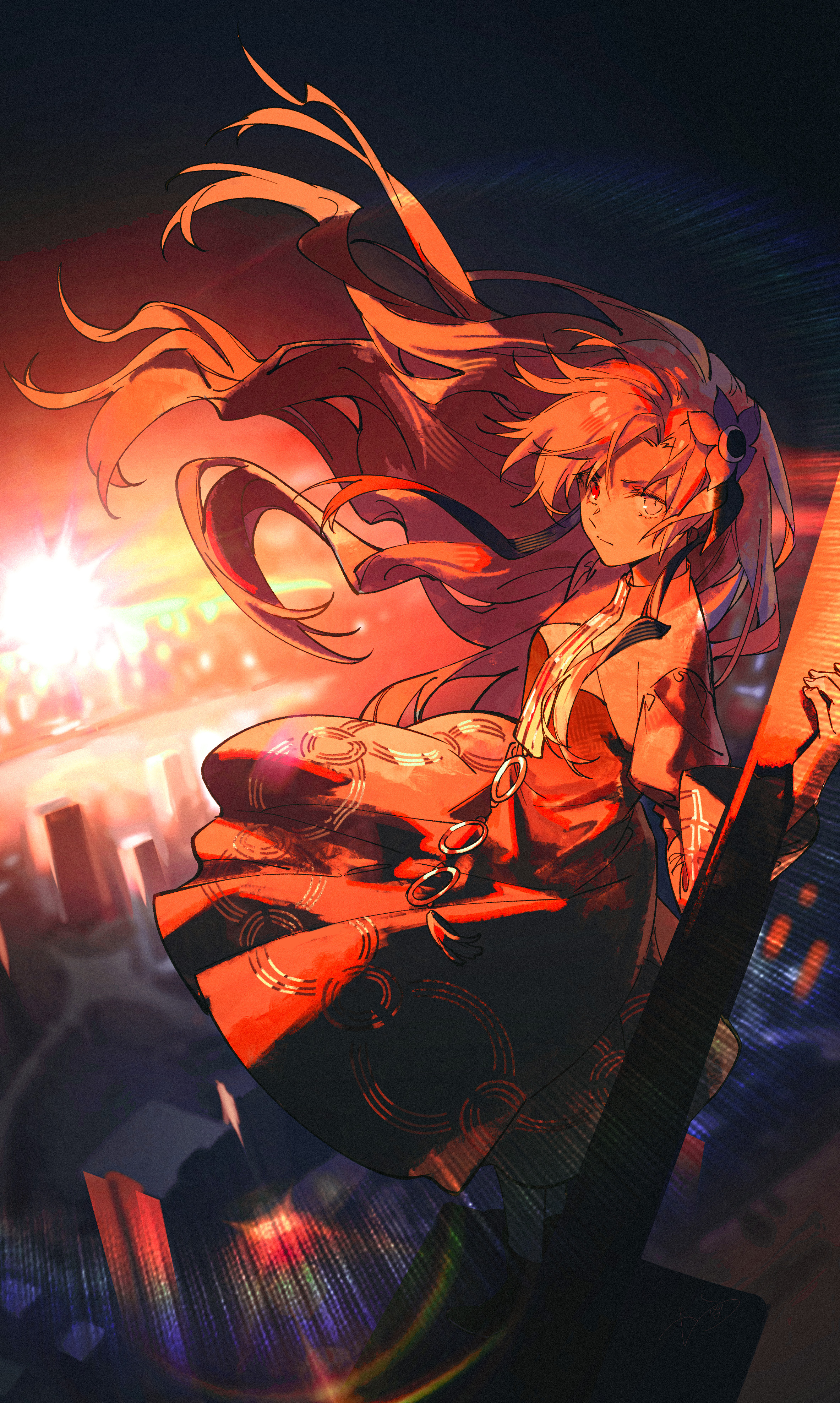 walluka, isekaijoucho, kamitsubaki studio, absurdres, commentary, highres, 1girl, city, cityscape, curtained hair, dress, dusk, floating hair, flower, grey eyes, grey hair, hair flower, hair ornament, hair ribbon, heterochromia, high up, lens flare, long hair, looking at viewer, red eyes, ribbon, shrug (clothing), solo, standing, sunset, very long hair, virtual youtuber, wind