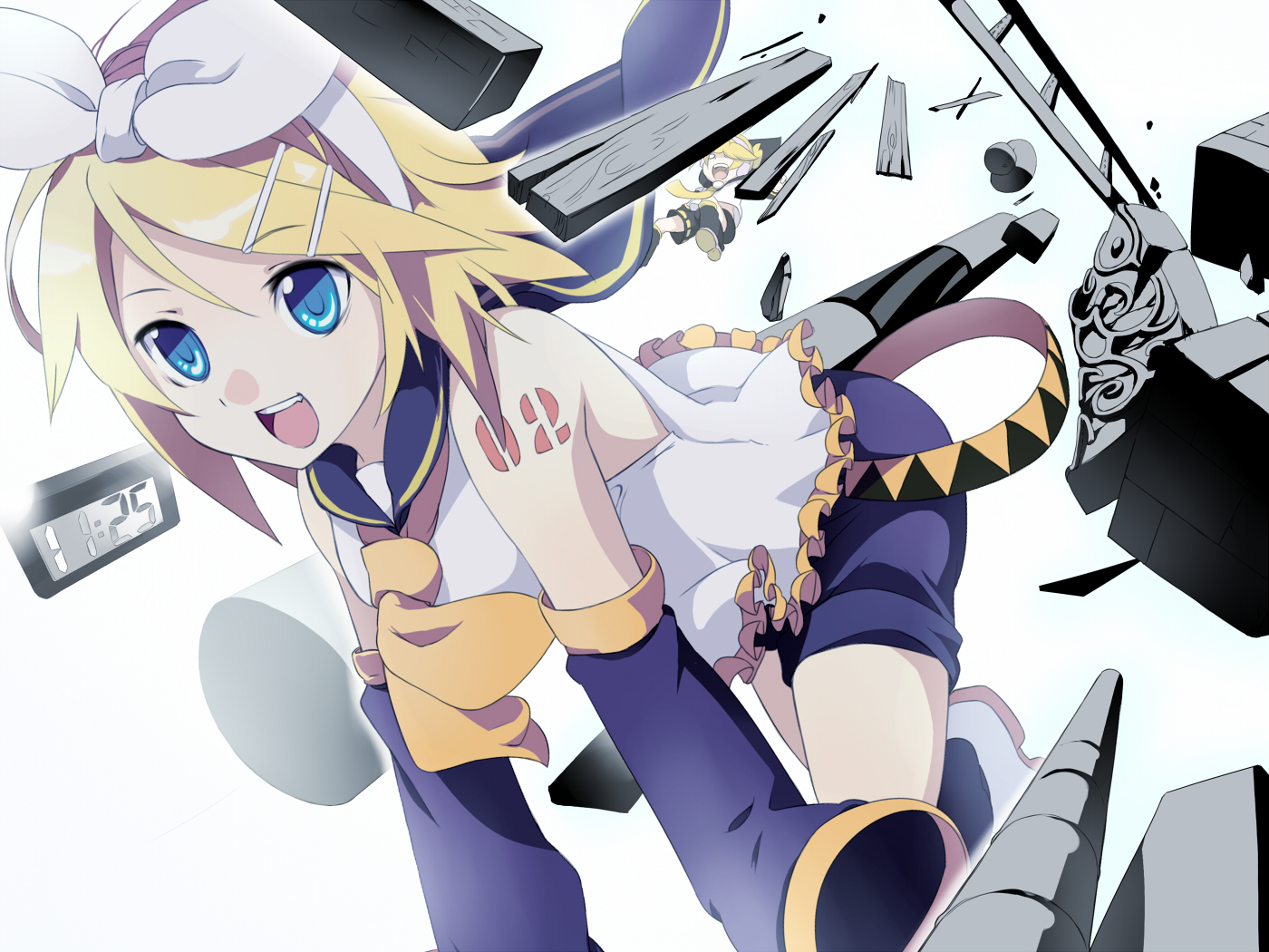 potchi, kagamine len, kagamine rin, bedash (vocaloid), vocaloid, bad id, bad pixiv id, 1girl, aqua eyes, blonde hair, detached sleeves, female focus, hair ornament, hair ribbon, hairclip, necktie, ribbon, sailor collar, short hair, shorts, siblings, smile, solo, twins