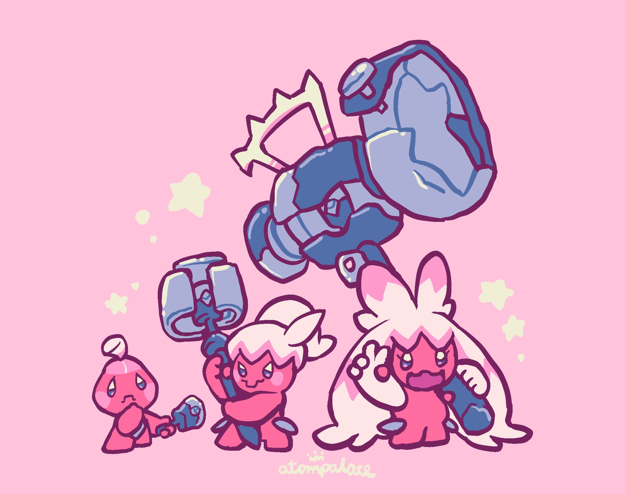 atom palace, tinkatink, tinkaton, tinkatuff, nintendo, pokemon, commentary, english commentary, highres, closed mouth, evolutionary line, eyelashes, flat color, hammer, holding, holding hammer, open mouth, pink background, pink theme, pokemon (creature), pokemon focus, signature, simple background, smile, star (symbol)