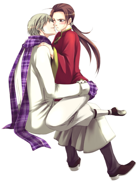 china (hetalia), russia (hetalia), axis powers hetalia, 2boys, full body, kiss, male focus, multiple boys, simple background, white background, yaoi