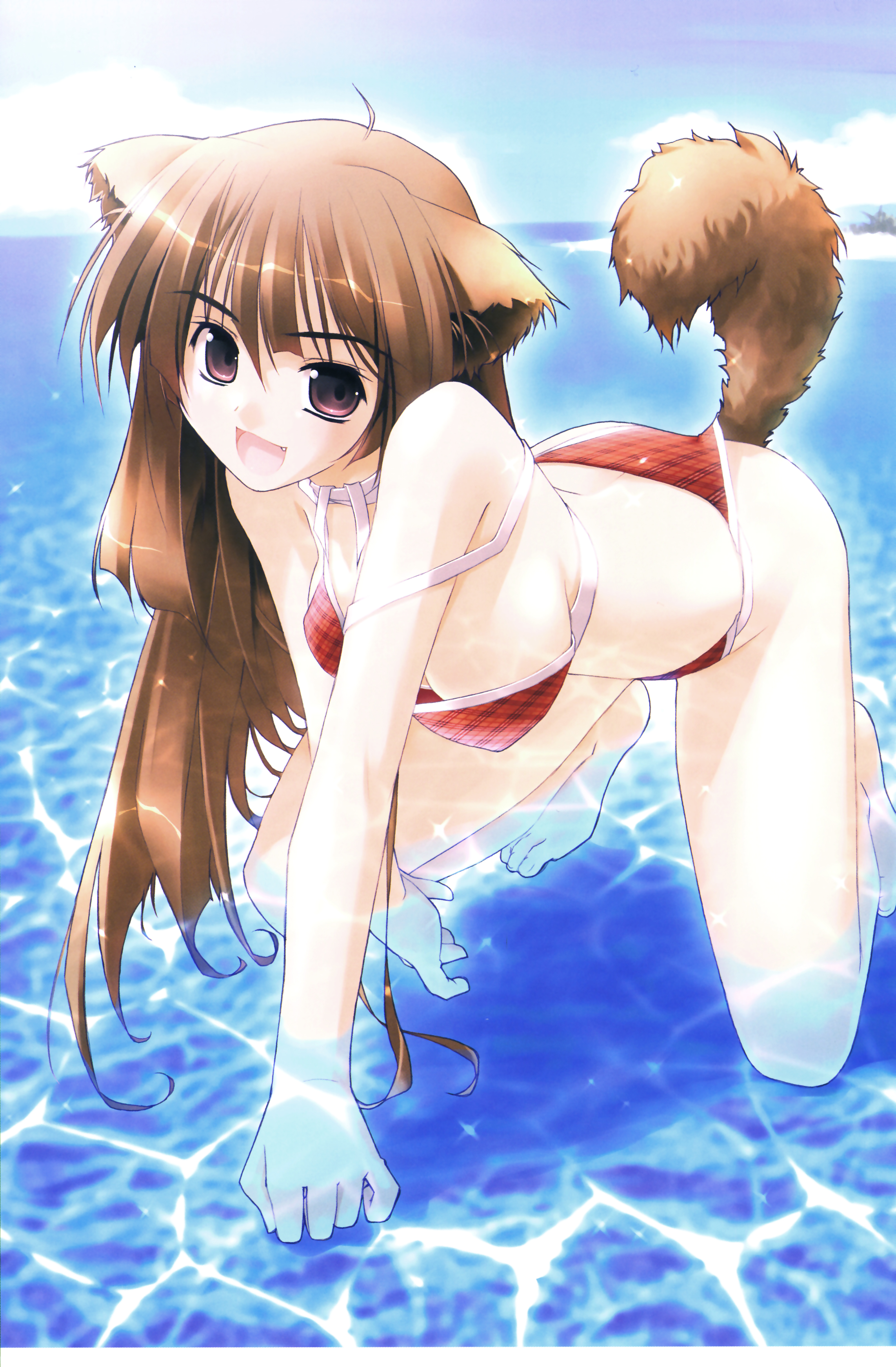 akata itsuki, original, absurdres, highres, 1girl, all fours, animal ears, ass, barefoot, bent over, bikini, breasts, brown eyes, brown hair, cleavage, downblouse, fang, female focus, large breasts, long hair, no tail hole, open mouth, red bikini, smile, solo, strap slip, swimsuit, tail, water