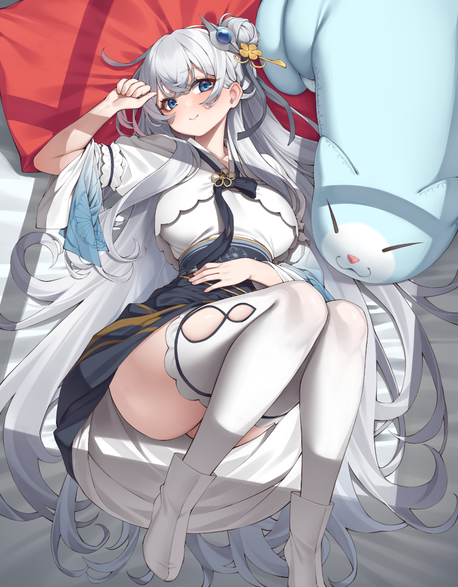 elomil, original, commentary request, commission, korean commentary, second-party source, 1girl, bed, blue eyes, blush, boots, breasts, hair bun, hanbok, korean clothes, large breasts, long hair, on bed, smile, thighhighs, white hair, white thighhighs