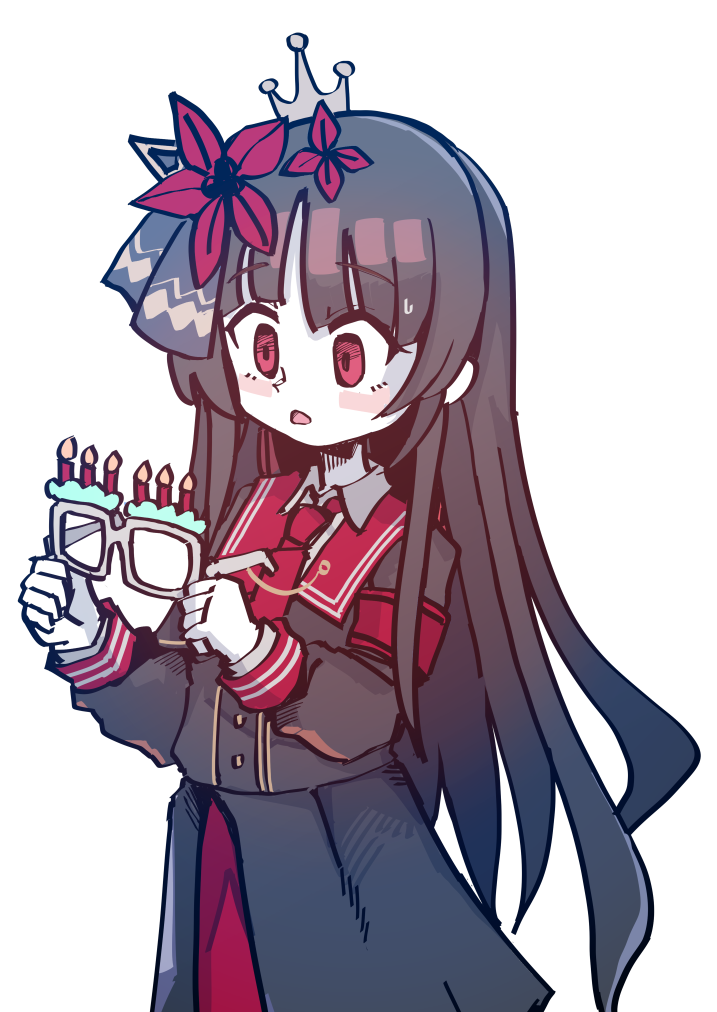 zassou maruko, nikaido hiro, mahou shoujo no majo saiban, commentary request, 1girl, armband, birthday glasses, black hair, crown, flower, hair flower, hair ornament, hime cut, holding, holding removed eyewear, long hair, necktie, open mouth, red armband, red eyes, red flower, red necktie, simple background, solo, surprised, unworn eyewear, white background, wide-eyed