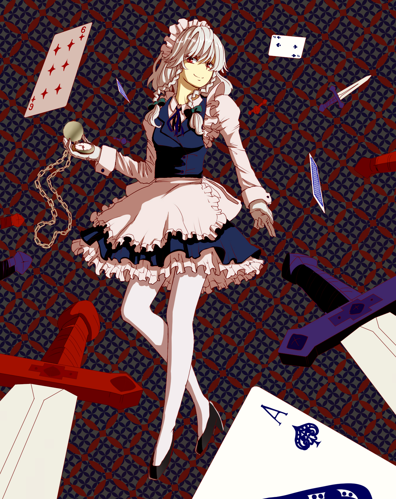 maki (huran), izayoi sakuya, embodiment of scarlet devil, touhou, silver hair, bad id, bad pixiv id, highres, 1girl, braid, card, female focus, floating card, full body, knife, maid, maid headdress, pantyhose, playing card, pocket watch, red eyes, short hair, solo, throwing knife, twin braids, watch, weapon, white pantyhose