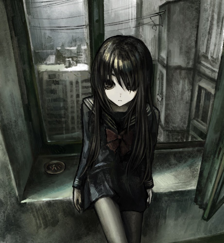 gd783hhh, original, 1girl, arms at sides, ashtray, black eyes, black hair, black sailor collar, black serafuku, black skirt, bow, bowtie, cigarette, city, cowboy shot, day, expressionless, grey pantyhose, hair over one eye, indoors, long hair, long sleeves, looking at viewer, miniskirt, on windowsill, open window, pantyhose, power lines, red bow, red bowtie, sailor collar, school uniform, serafuku, sitting, skirt, solo, window, windowsill