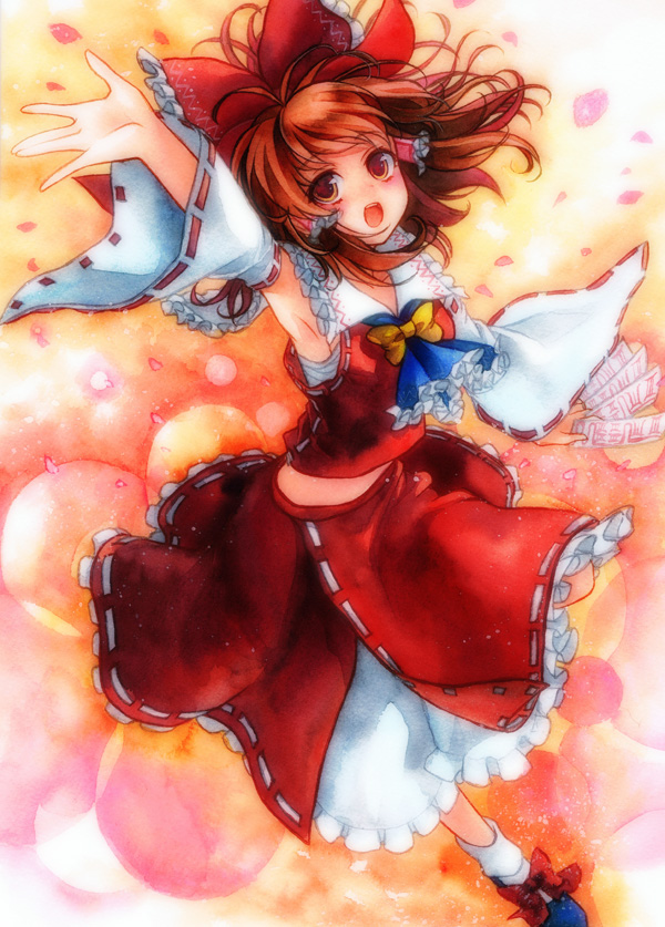 geroro, hakurei reimu, subterranean animism, touhou, bad id, bad pixiv id, painting (medium), traditional media, watercolor (medium), 1girl, armpits, blush, female focus, midriff, ofuda, sarashi, solo