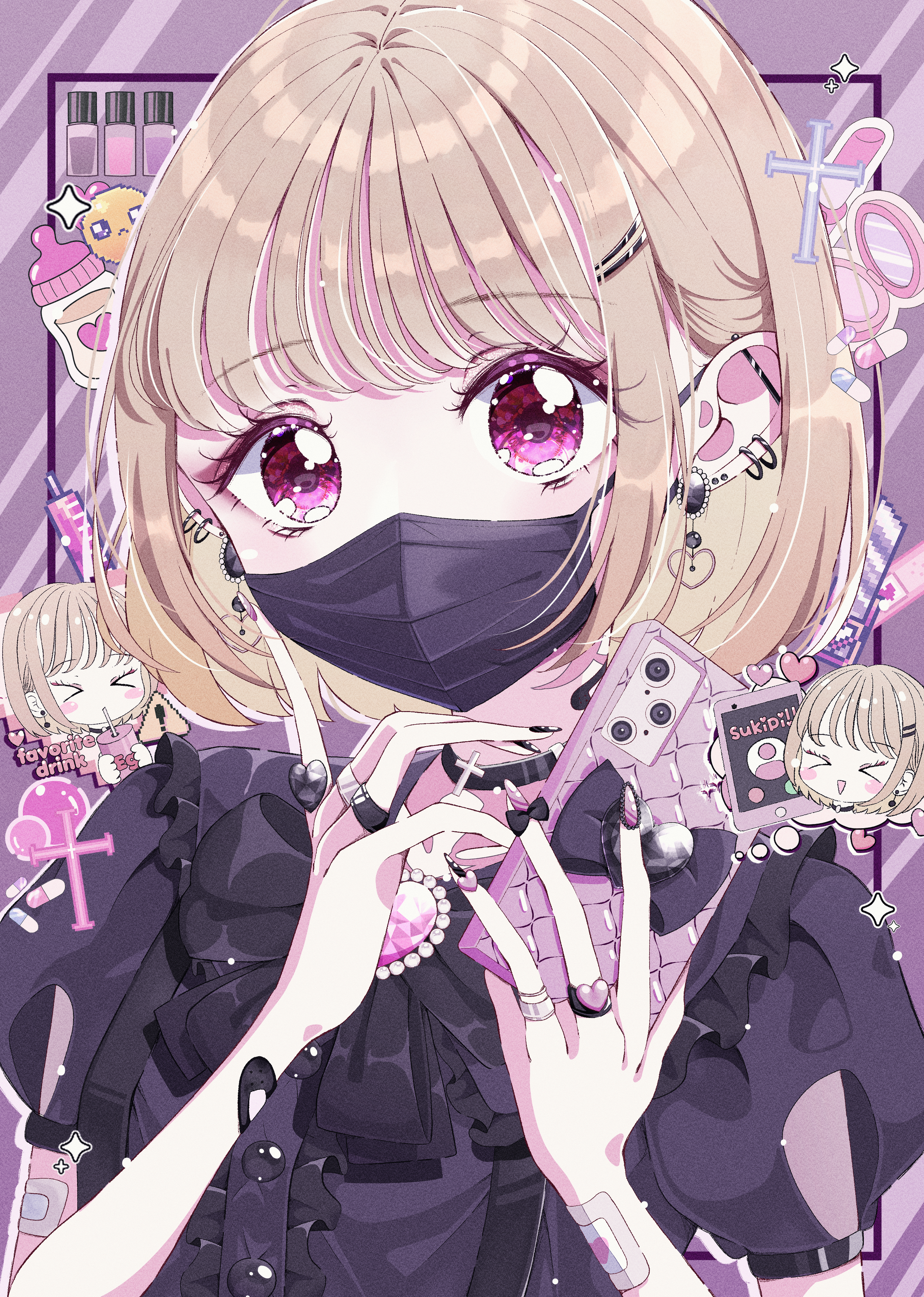 milon cas, original, absurdres, commentary request, highres, 1girl, arm cutout, bandaid, bandaid on arm, barbell piercing, black bow, black bowtie, black choker, black nails, black shirt, blonde hair, bob cut, bow, bowtie, buttons, cellphone, center frills, chibi, chibi inset, choker, clothing cutout, covered mouth, cross, ear piercing, earrings, emoji, eyelashes, frills, hair ornament, hairclip, hand mirror, heart, heart earrings, holding, holding phone, industrial piercing, inset border, jewelry, jirai kei, latin cross, looking at viewer, mask, mirror, mouth mask, multicolored nails, multiple earrings, multiple rings, parallel hairclips, phone, piercing, pill, pink nails, puffy short sleeves, puffy sleeves, purple background, purple eyes, ring, shirt, short hair, short sleeves, smartphone, solo, sparkle, speech bubble, syringe, thought bubble, two-tone nails