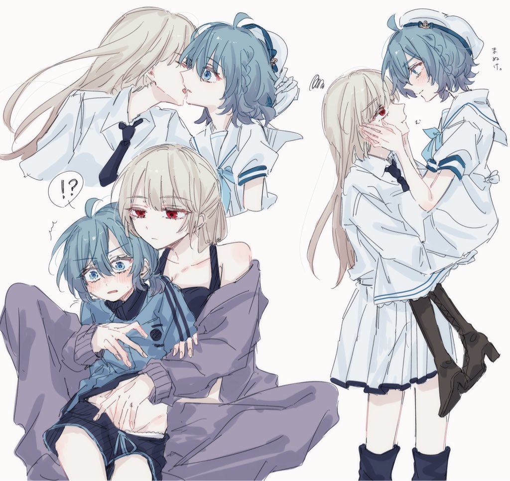 sakizome, commentary request, translation request, !?, 2girls, aquarium wa odoranai, black boots, black necktie, black shorts, black tank top, blonde hair, blue eyes, blue hair, blue jacket, blush, boots, closed eyes, dress, fingering, hand on another's face, hat, hug, hug from behind, jacket, knee boots, licking, licking another's face, licking another's lips, long hair, multiple girls, necktie, parted lips, pleated skirt, red eyes, retro (aquarium wa odoranai), shirt, short hair, shorts, simple background, skirt, spoken interrobang, squiggle, suze (aquarium wa odoranai), sweat, tank top, white background, white dress, white hat, white shirt, white skirt, yuri