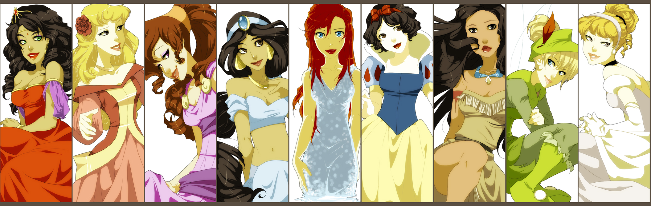 darci robbins, aladdin (disney), ariel (disney), aurora (disney), cinderella (disney character), esmeralda (disney), hercules (disney), jasmine (disney), megara (disney), pocahontas (disney), snow white (disney), tinker bell (disney), aladdin (movie), cinderella (disney movie), disney, disney fairies, disney fairies (movie series), pocahontas (movie), sleeping beauty (disney), snow white and the seven dwarfs (disney), the hunchback of notre dame (disney), tinkerbell and the lost treasure, walt disney's peter pan, folklore, bad deviantart id, bad id, highres, long image, wide image, 6+girls, alternate costume, alternate form, animification, bare shoulders, black hair, blonde hair, blue eyes, boots, breasts, brown hair, cleavage, column lineup, company connection, dark-skinned female, dark skin, dress, earrings, fairy tales, feathers, female focus, flower, green eyes, grey eyes, hair bun, hair flower, hair ornament, hair up, headband, jewelry, lineup, long hair, medium breasts, midriff, multiple girls, navel, necklace, ponytail, princess, puff and slash sleeves, puffy sleeves, red hair, ribbon, rose, sequins, short hair, single hair bun, sitting, small breasts, standing, strapless, tube top, white background