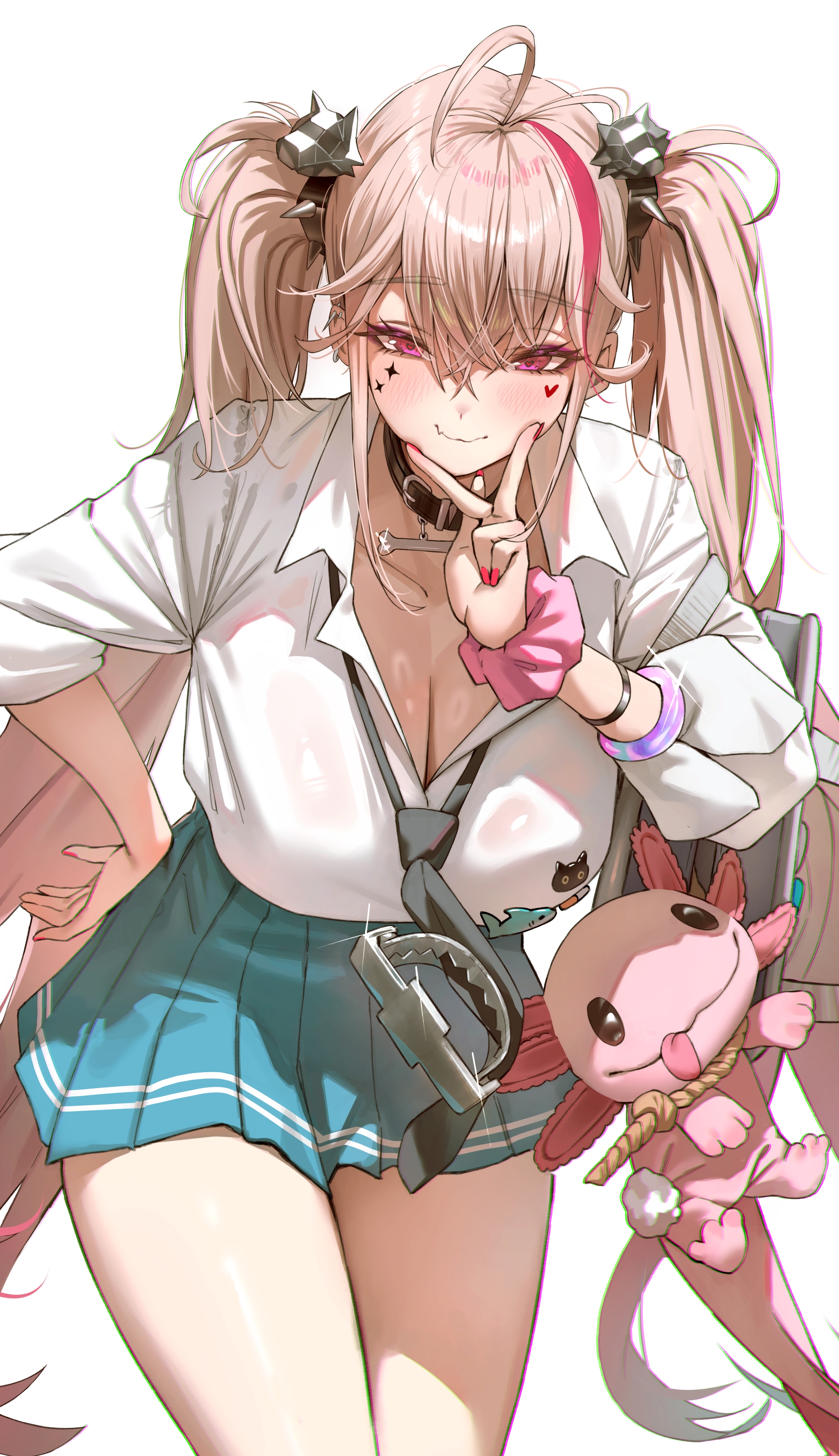 jindogod, jackal (class troublemaker) (nikke), jackal (nikke), goddess of victory: nikke, absurdres, commentary request, highres, 1girl, ahoge, bear trap, black choker, black necktie, blue skirt, breasts, choker, cleavage, collared shirt, facial mark, heart, heart-shaped pupils, heart facial mark, large breasts, long hair, looking at viewer, multicolored hair, nail polish, necktie, pink hair, pleated skirt, red nails, scrunchie, shirt, simple background, skirt, solo, streaked hair, stuffed animal, stuffed axolotl, stuffed toy, symbol-shaped pupils, thighs, twintails, v, white background, white shirt, wrist scrunchie