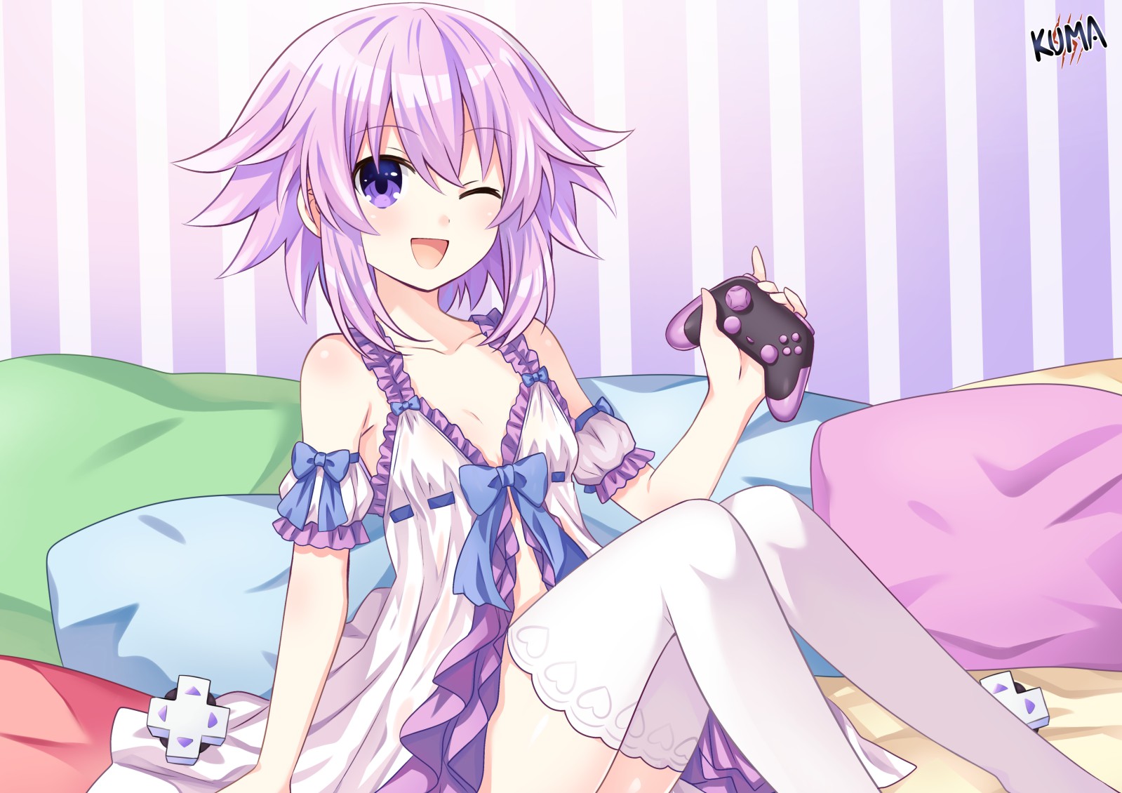 lewdkuma, neptune (neptunia), neptune (series), commentary, english commentary, 1girl, ;d, alternate costume, babydoll, bare shoulders, breasts, controller, d-pad, from side, game controller, hair between eyes, hair ornament, hairclip, hand up, happy, holding, holding controller, holding game controller, indoors, knees up, looking at viewer, medium hair, one eye closed, open mouth, purple eyes, purple hair, sitting, small breasts, smile, solo, thighhighs, unworn hair ornament, unworn hairclip