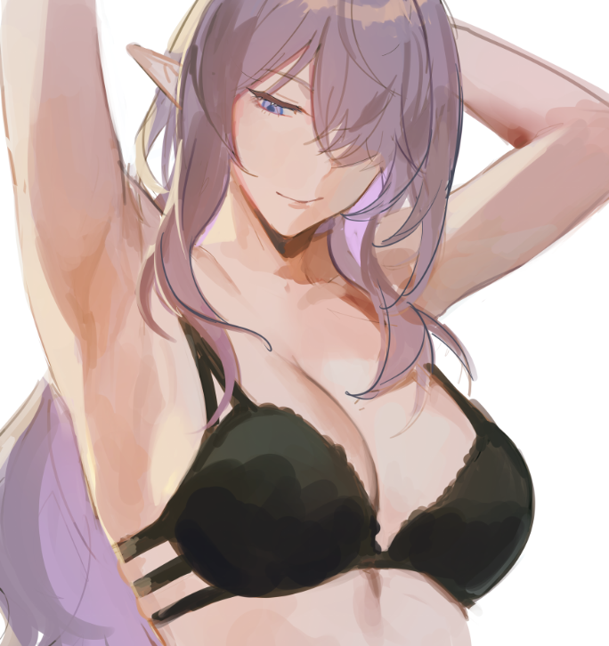 tomodurien, lauma (genshin impact), genshin impact, hashtag-only commentary, 1girl, alternate costume, black bra, blue eyes, blue hair, bra, breasts, closed mouth, hair over one eye, huge breasts, long hair, underwear, wavy hair, white background