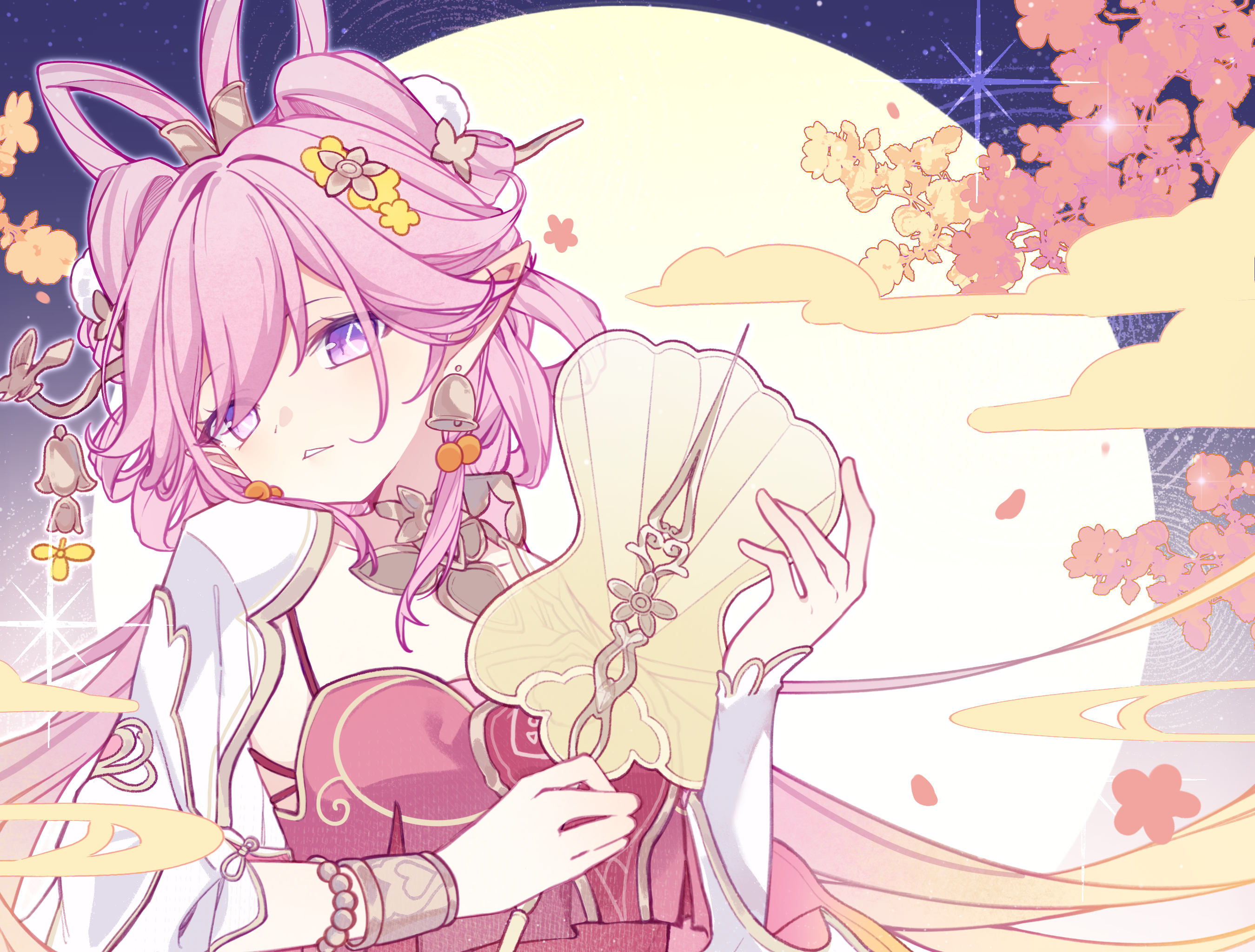 yinanhuahua, elysia (hi love elf) (honkai impact), elysia (honkai impact), honkai (series), honkai impact 3rd, chinese commentary, commentary request, highres, 1girl, bell, bell earrings, breasts, chinese clothes, chinese hairstyle, dress, earrings, elysia (moonlit grace) (honkai impact), full moon, hand fan, holding, holding fan, jewelry, large breasts, long hair, looking at viewer, moon, night, official alternate costume, pink dress, pink hair, pointy ears, purple eyes, solo, upper body, very long hair