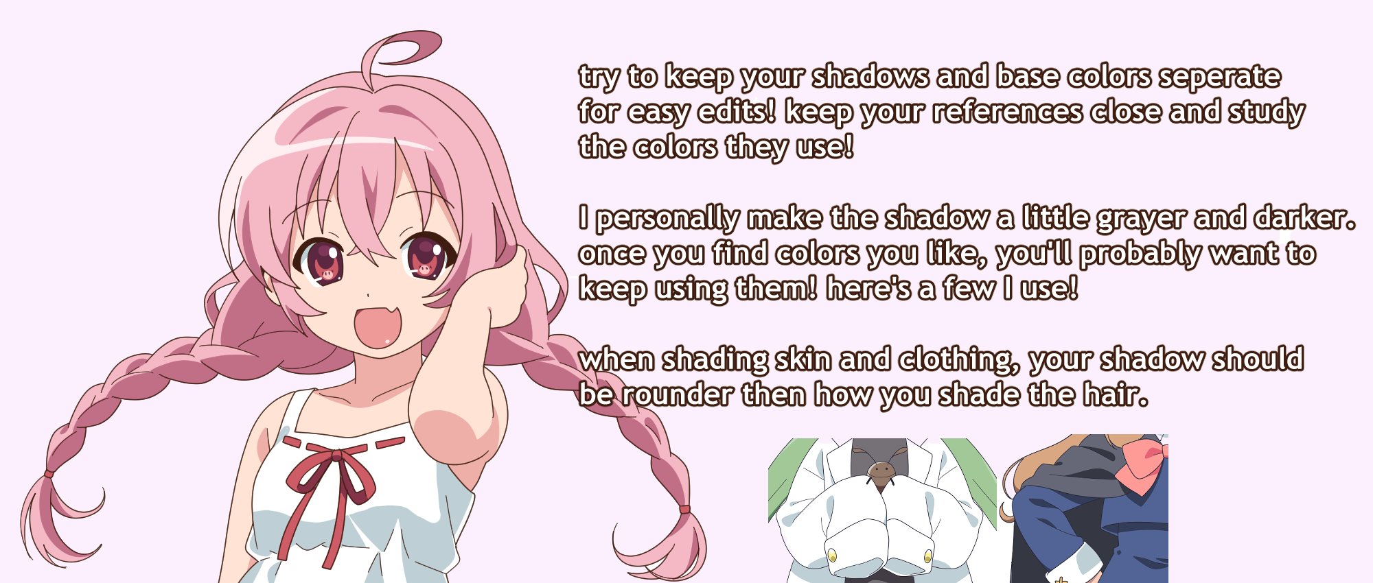 bk (barakoodra), original, highres, 1girl, 2000s (style), ahoge, braid, dot nose, fang, faux retro artstyle, how to, long hair, looking at viewer, low twin braids, open mouth, pink hair, red eyes, smile, solo, twin braids