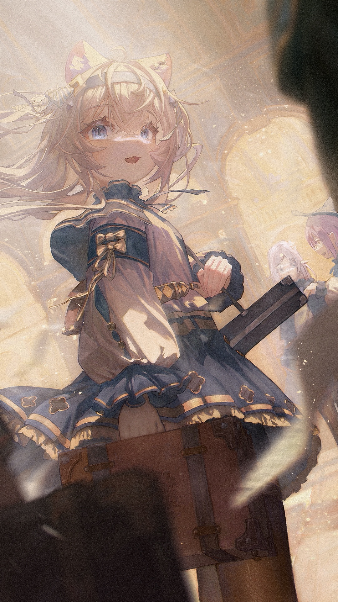 original, highres, 3girls, ahoge, animal ear fluff, animal ears, armband, brown pantyhose, drawer bushi huajia, dress, fang, fantasy, frilled dress, frills, grey hair, hair ribbon, headband, holding, holding suitcase, long hair, looking at viewer, looking back, multiple girls, open mouth, pantyhose, purple hair, ribbon, short twintails, smile, standing, suitcase, twintails, wolf ears, wolf girl