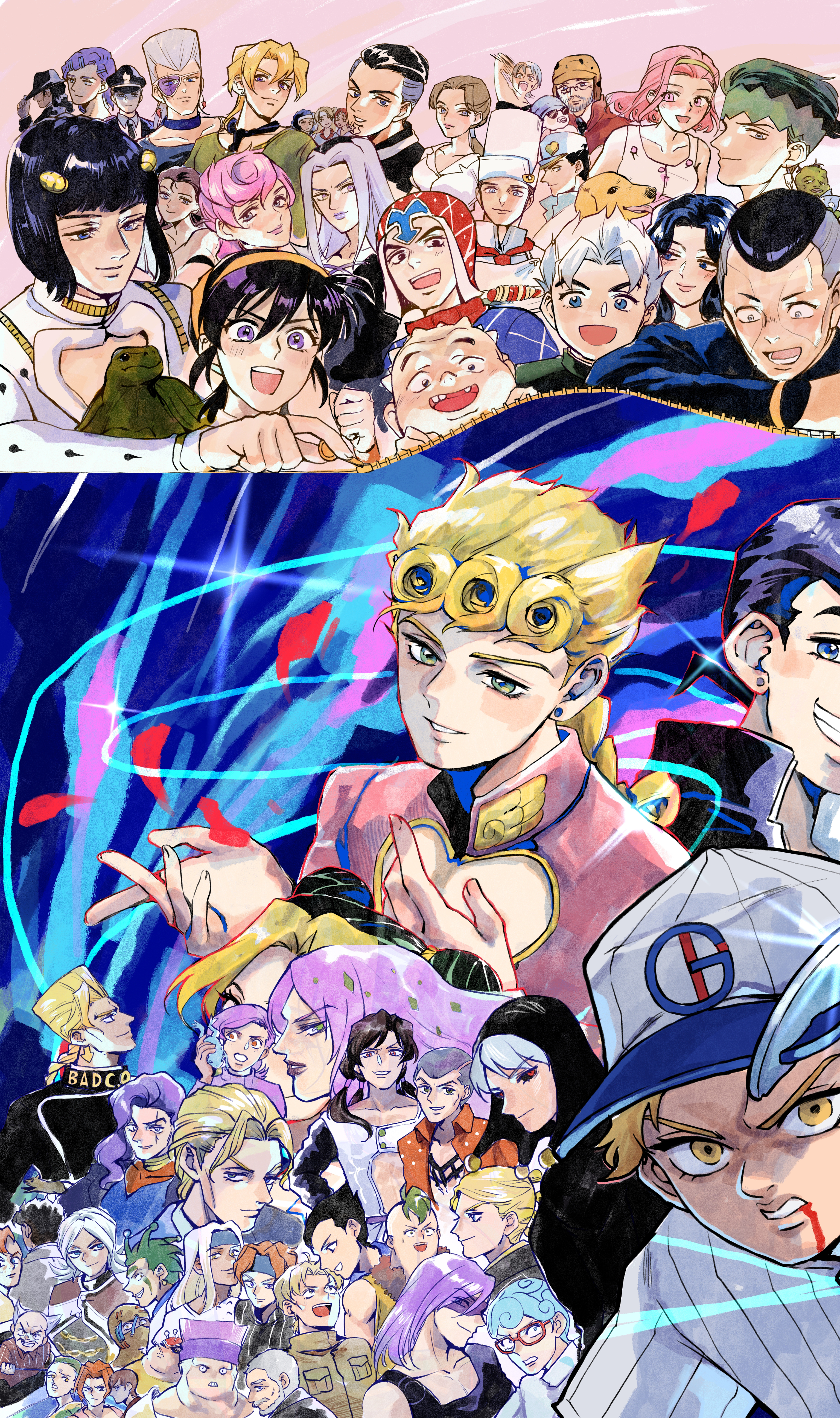 asakeno, akemi (jojo), arnold (jojo), bruno bucciarati, carne (jojo), cioccolata, coco jumbo, diavolo, donatella una, emporio alnino, formaggio, fungami yuya, gelato (jojo), ghiaccio, giorno giovanna, guido mista, higashikata josuke, hirose koichi, illuso, jean pierre polnareff, joseph joestar, joseph joestar (old), kawajiri kosaku, kinoto masazo, kira yoshihiro, kira yoshikage, kishibe rohan, kuujou jolyne, kuujou joutarou, leone abbacchio, luca (jojo), mario zucchero, melone, miyamoto terunosuke, narancia ghirga, nijimura's father, nijimura keicho, nijimura okuyasu, otoishi akira, oyanagi ken, pannacotta fugo, pericolo, pesci, polpo, prosciutto (jojo), reiko (jojo), risotto nero, sale (jojo), scolippi, secco, shizuka joestar, sorbet (jojo), squalo, sticky fingers (stand), sugimoto reimi, tiziano, tonio trussardi, trish una, tsuji aya, vinegar doppio, yamagishi yukako, yangu shigekiyo, yoshie (jojo), diamond wa kudakenai, jojo no kimyou na bouken, stone ocean, vento aureo, absurdres, commentary request, highres, 6+boys, 6+girls, animal, baby, bandana, bandana around neck, baseball cap, beard, black hair, black sclera, blonde hair, blood, blood from mouth, blue eyes, blue hair, bob cut, braid, brown hair, buzz cut, chef hat, clenched teeth, colored sclera, dark-skinned male, dark skin, dog, domino mask, double bun, earrings, eye mask, facial hair, falling petals, flattop, frog, glasses, green eyes, green hair, grey hair, grin, hair bun, hair ornament, hairband, hand on headwear, hand on own chest, hat, hat tip, headband, holding, holding animal, jacket, jester cap, jewelry, lipstick, long hair, long sleeves, low ponytail, makeup, mask, mouse (animal), multicolored hair, multiple boys, multiple girls, old, old man, open clothes, open jacket, open mouth, orange hair, parted bangs, petals, pink hair, police, police uniform, ponytail, purple eyes, purple lips, quad tails, red-tinted eyewear, red eyes, scar, scar across eye, scar on face, shirt, short hair, sleeveless, sleeveless shirt, smile, sparkle, spotted hair, stud earrings, teeth, tinted eyewear, toque blanche, turtle, undercut, very short hair, white hair, yellow eyes, zipper