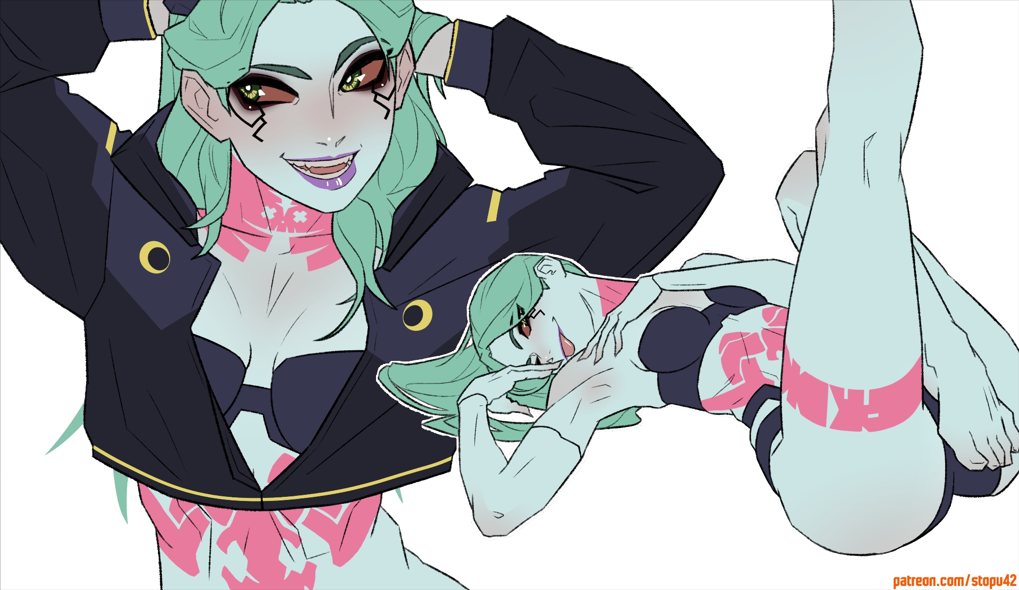 stopu, rebecca (cyberpunk), cyberpunk: edgerunners, cyberpunk (series), highres, 1girl, :p, aqua hair, aqua skin, arms behind back, ass, black bra, black eyeliner, black jacket, black panties, blush, bra, breasts, bright pupils, brown sclera, collarbone, colored sclera, colored skin, eyeliner, foot out of frame, green eyes, hand over eye, hands in own hair, jacket, leg tattoo, leg up, lips, long hair, long sleeves, looking at viewer, looking to the side, lying, makeup, multiple views, neck tattoo, nose, on back, open mouth, outline, panties, partially unzipped, patreon username, purple lips, simple background, small breasts, stomach tattoo, tattoo, teeth, tongue, tongue out, underwear, upper body, white background, white outline, white pupils