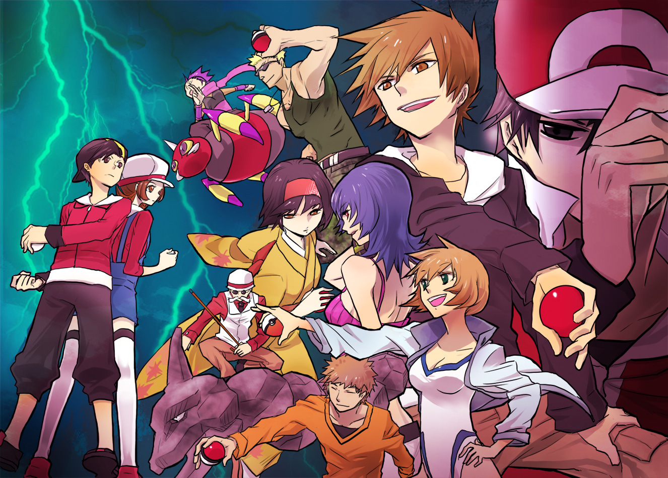 kuronomine, ariados, blaine (pokemon), blue oak, brock (pokemon), erika (pokemon), ethan (pokemon), janine (pokemon), lyra (pokemon), misty (pokemon), onix, red (pokemon), sabrina (pokemon), surge (pokemon), nintendo, pokemon, pokemon hgss, 00s, 5girls, 6+boys, alternate costume, backwards hat, baseball cap, black hair, blonde hair, blue eyes, blue hair, breasts, brown eyes, brown hair, cane, cargo pants, cleavage, closed eyes, competition swimsuit, epic, everyone, facial hair, gen 1 pokemon, gen 2 pokemon, glasses, gym leader, hat, hat tip, headband, holding, holding poke ball, hood, hoodie, jacket, japanese clothes, jewelry, kimono, large breasts, lightning, medium breasts, multiple boys, multiple girls, mustache, necklace, newsboy cap, one-piece swimsuit, orange hair, overalls, pants, pointing, poke ball, poke ball (basic), pokemon (creature), popped collar, riding, riding pokemon, scarf, short hair, smile, squatting, sunglasses, swimsuit, thighhighs, vest, white thighhighs, wristband, zettai ryouiki