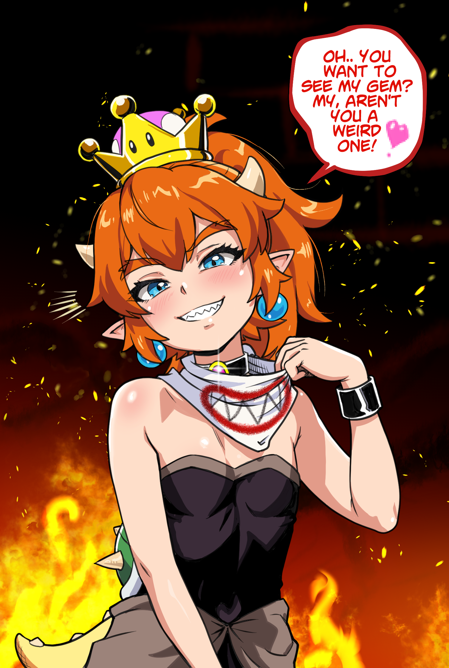 tony kuusisto, bowsette jr., mario (series), new super mario bros. u deluxe, nintendo, commentary, english commentary, highres, 1girl, bare shoulders, bib, black leotard, blue eyes, blush, bracelet, brooch, earrings, english text, fiery background, fire, flat chest, glint, grin, hand up, heart, horns, jewelry, leotard, lizard tail, looking at viewer, orange hair, pointy ears, ponytail, sharp teeth, short hair, smile, solo, speech bubble, sphere earrings, spiked shell, spoken heart, strapless, strapless leotard, super crown, tail, teeth, thick eyebrows, tsurime, turtle shell, upper body