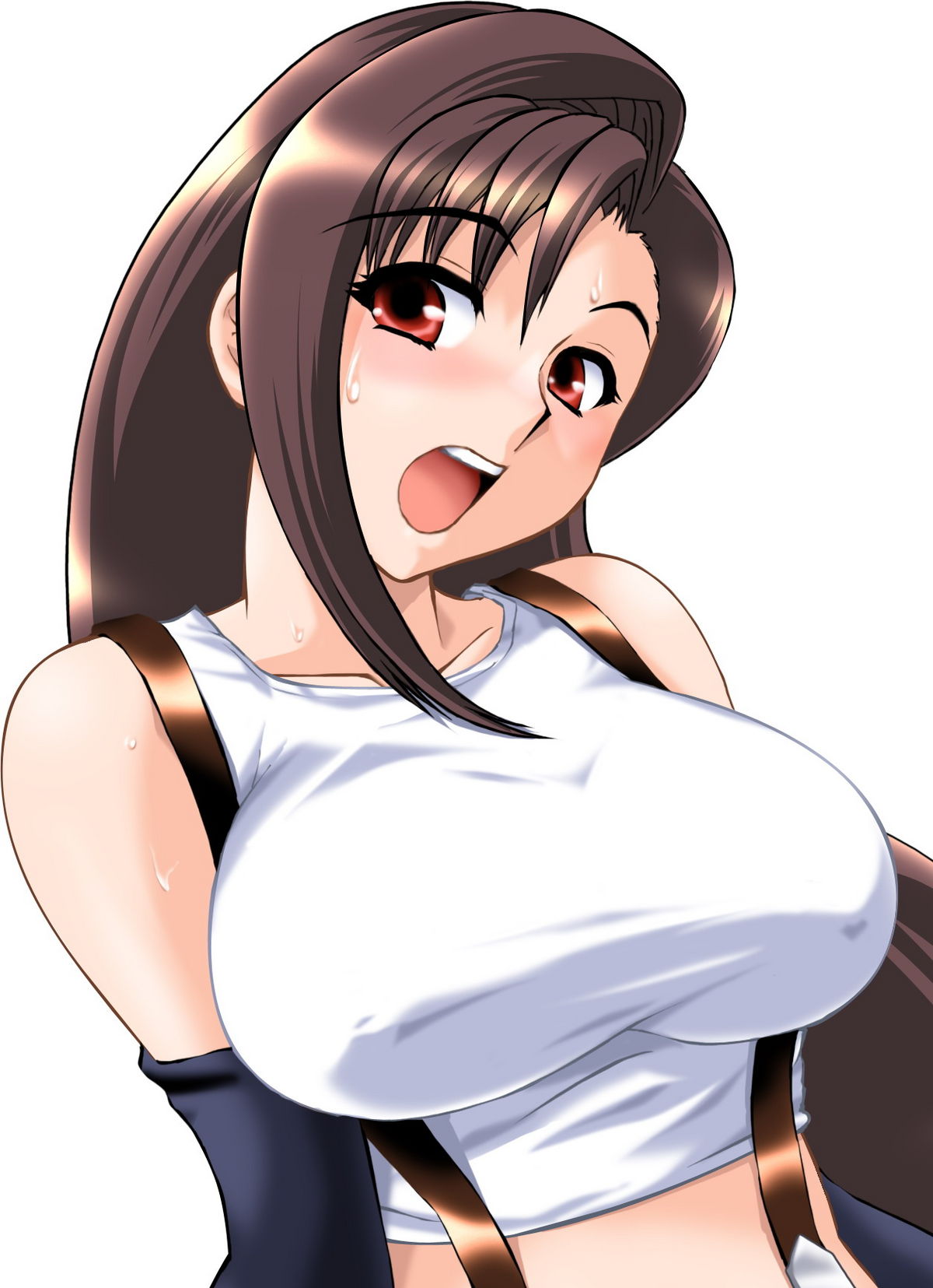 toushi ryoku, tifa lockhart, final fantasy, final fantasy vii, square enix, highres, 1990s (style), 1girl, bare shoulders, blush, breasts, brown hair, detached sleeves, elbow gloves, female focus, gloves, large breasts, long hair, looking at viewer, midriff, red eyes, retro artstyle, shirt, simple background, sleeveless, solo, suspenders, sweat, sweatdrop, taut clothes, taut shirt, very long hair, white background