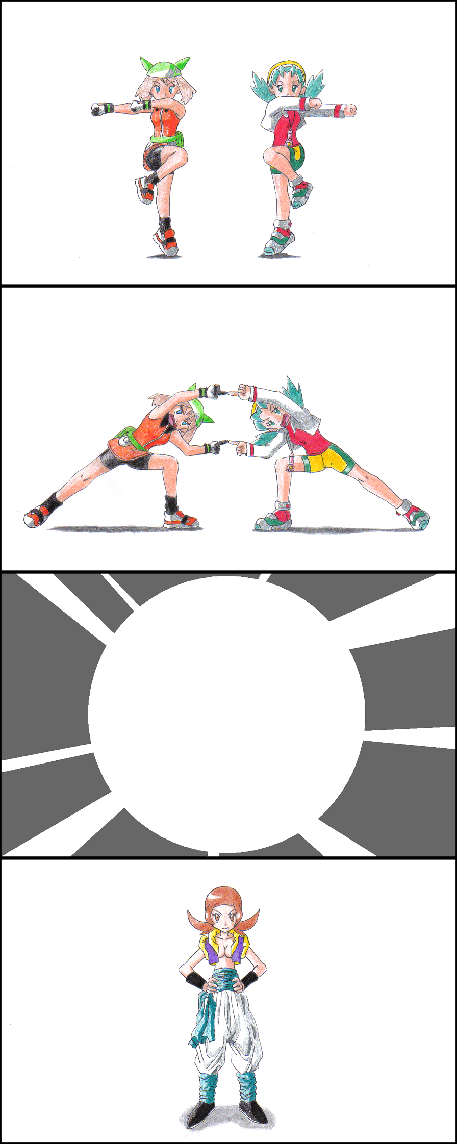 shadow-chaos00, kris (pokemon), lyra (pokemon), may (pokemon), may (pokemon emerald), dragon ball, dragonball z, nintendo, pokemon, pokemon gsc, pokemon hgss, pokemon rse, bad deviantart id, bad id, graphite (medium), highres, traditional media, 2girls, 4koma, alternate costume, bandana, bike shorts, blue eyes, blue hair, breasts, brown eyes, brown hair, cleavage, comic, cosplay, fusion dance, gauntlets, gloves, hands on own hips, hat, medium breasts, multiple girls, open clothes, open mouth, open shirt, parody, sash, shirt, silent comic, smile, symmetry