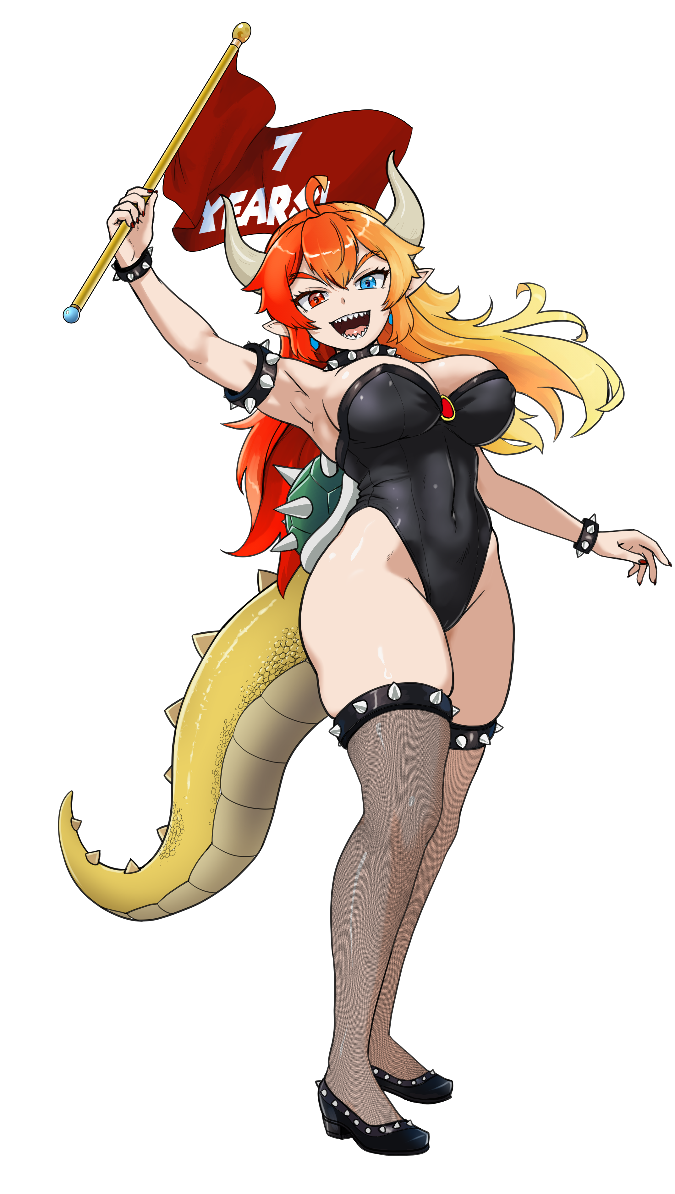tony kuusisto, bowsette, mario (series), new super mario bros. u deluxe, nintendo, absurdres, commentary, english commentary, highres, 1girl, ahoge, anniversary, arm up, armlet, armpits, bare shoulders, black leotard, black shoes, blonde hair, blue eyes, bracelet, breasts, brooch, collar, fingernails, flag, full body, heterochromia, highleg, highleg leotard, holding, holding flag, horns, jewelry, large breasts, leotard, lizard tail, long hair, looking at viewer, multicolored hair, open mouth, red eyes, red hair, see-through clothes, see-through thighhighs, sharp fingernails, sharp teeth, shoes, simple background, smile, solo, spiked armlet, spiked bracelet, spiked collar, spiked shell, spiked thighlet, spikes, split-color hair, standing, strapless, strapless leotard, tail, teeth, thighhighs, transparent background, tsurime, turtle shell, two-tone hair, v-shaped eyebrows