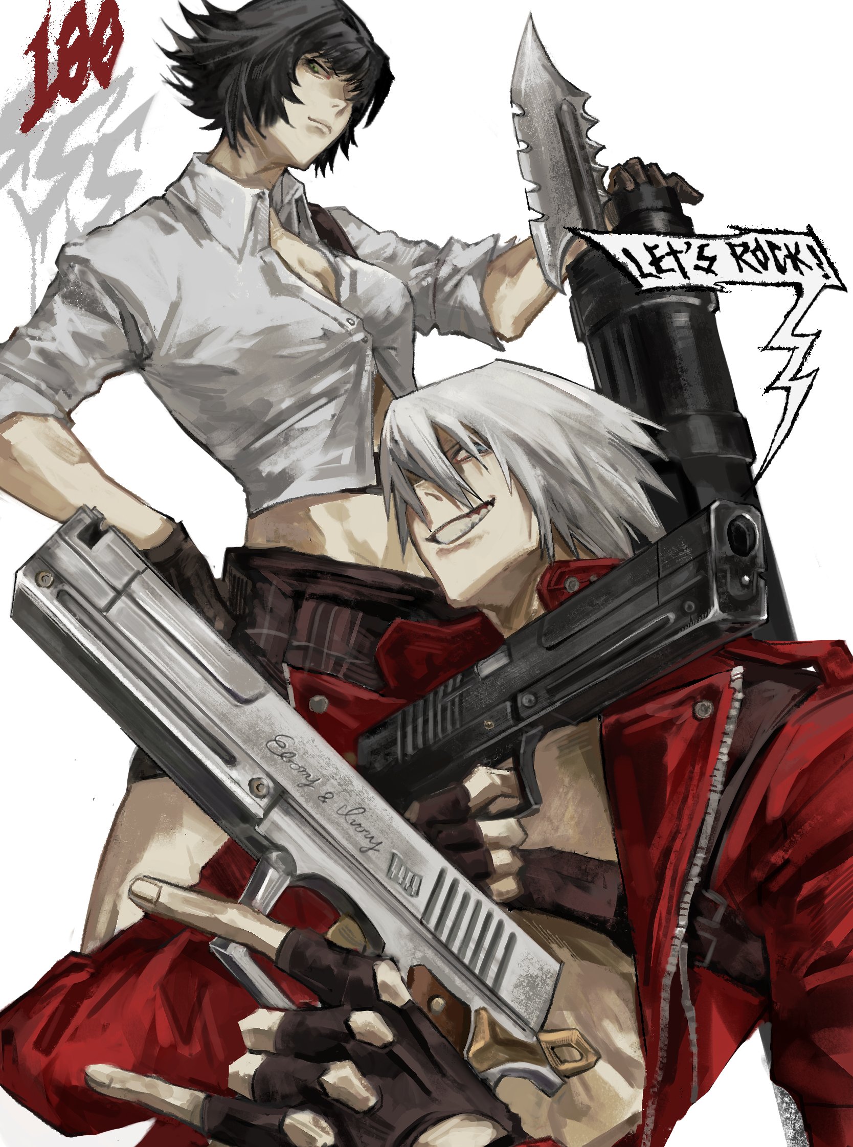 dante (devil may cry), lady (devil may cry), devil may cry, devil may cry (series), devil may cry 3, commentary, english commentary, highres, 1boy, 1girl, black gloves, black hair, blue eyes, bokkusu98777681, breasts, coat, ebony & ivory, fingerless gloves, gloves, grin, gun, hair over eyes, holding, holding gun, holding weapon, looking at viewer, open clothes, open coat, red coat, rocket launcher, shirt, short hair, smile, teeth, weapon, white background, white hair, white shirt