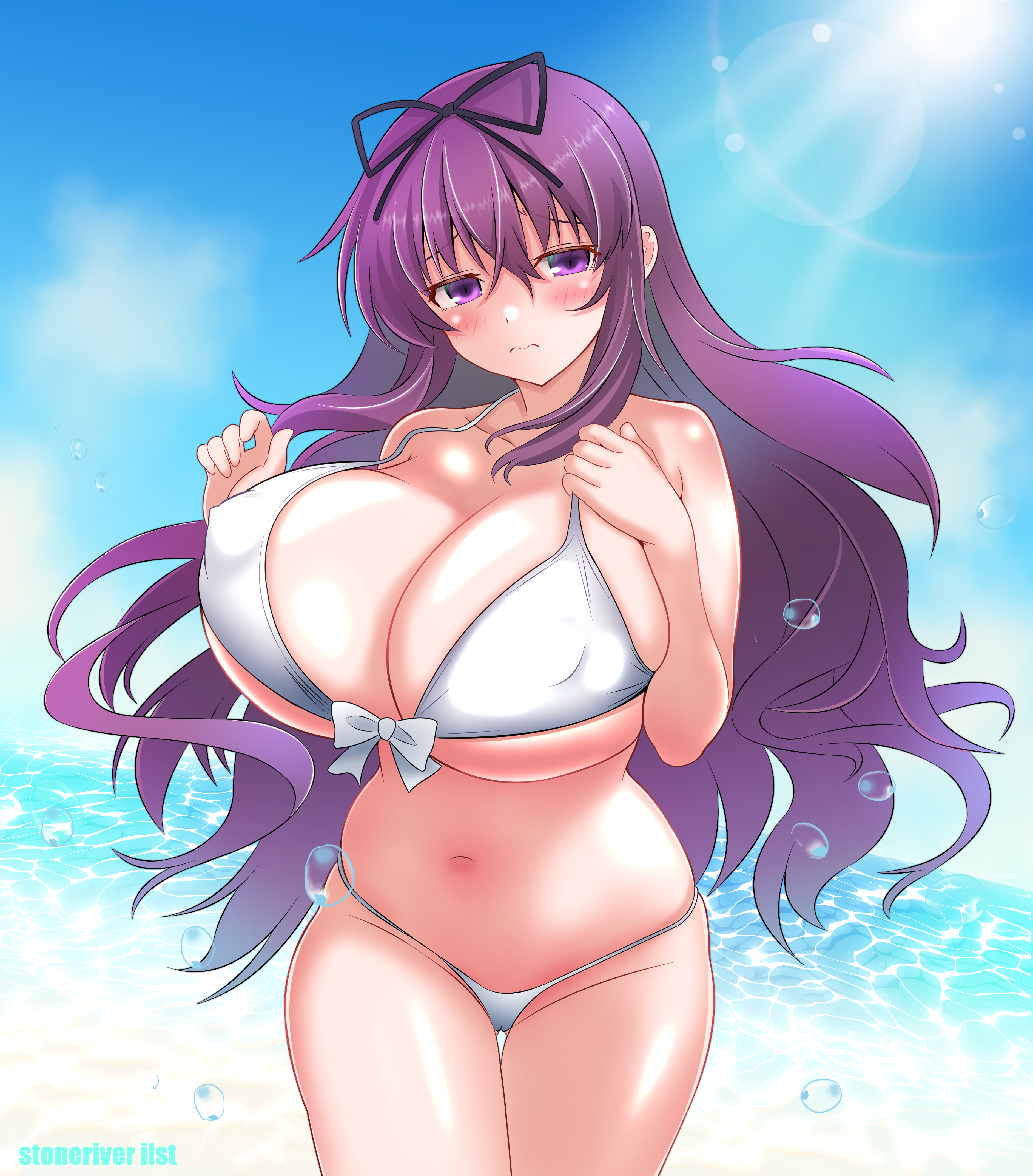 stoneriver ilst, murasaki (senran kagura), senran kagura, absurdres, commentary request, highres, 1girl, bare shoulders, bikini, black ribbon, blush, breasts, cleavage, cloud, covered erect nipples, crossed bangs, front-tie bikini top, front-tie top, hair between eyes, hair ribbon, huge breasts, impossible clothes, impossible swimsuit, long hair, looking at viewer, navel, ocean, purple eyes, purple hair, ribbon, sky, solo, sun, swimsuit, very long hair, white bikini