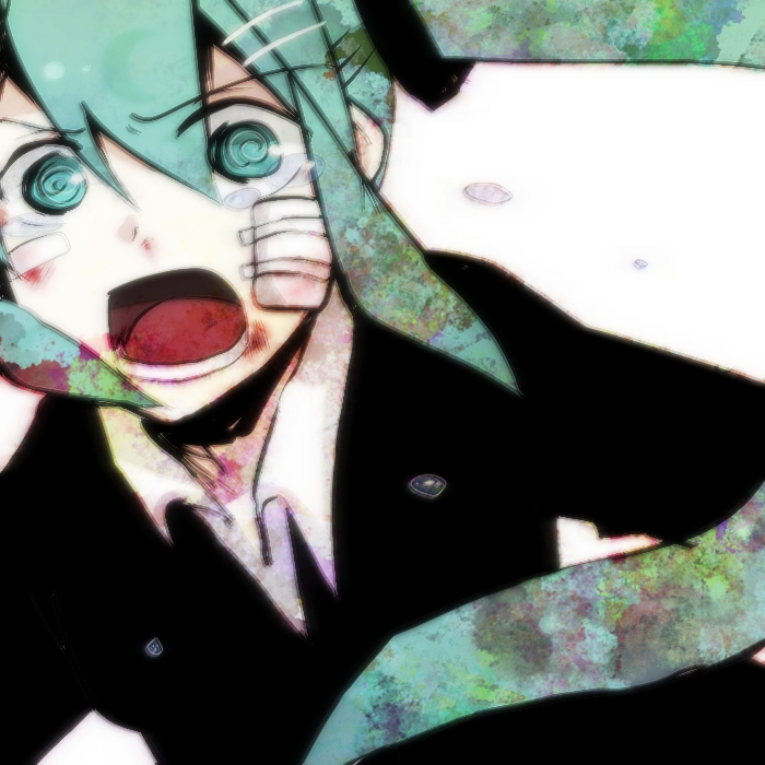 kona (pixiv420674), kona sleipnir, hatsune miku, rolling girl (vocaloid), vocaloid, bad id, bad pixiv id, 1girl, aqua eyes, aqua hair, bandaid, crazy eyes, female focus, long hair, open mouth, solo, tears, twintails, white background, wide-eyed